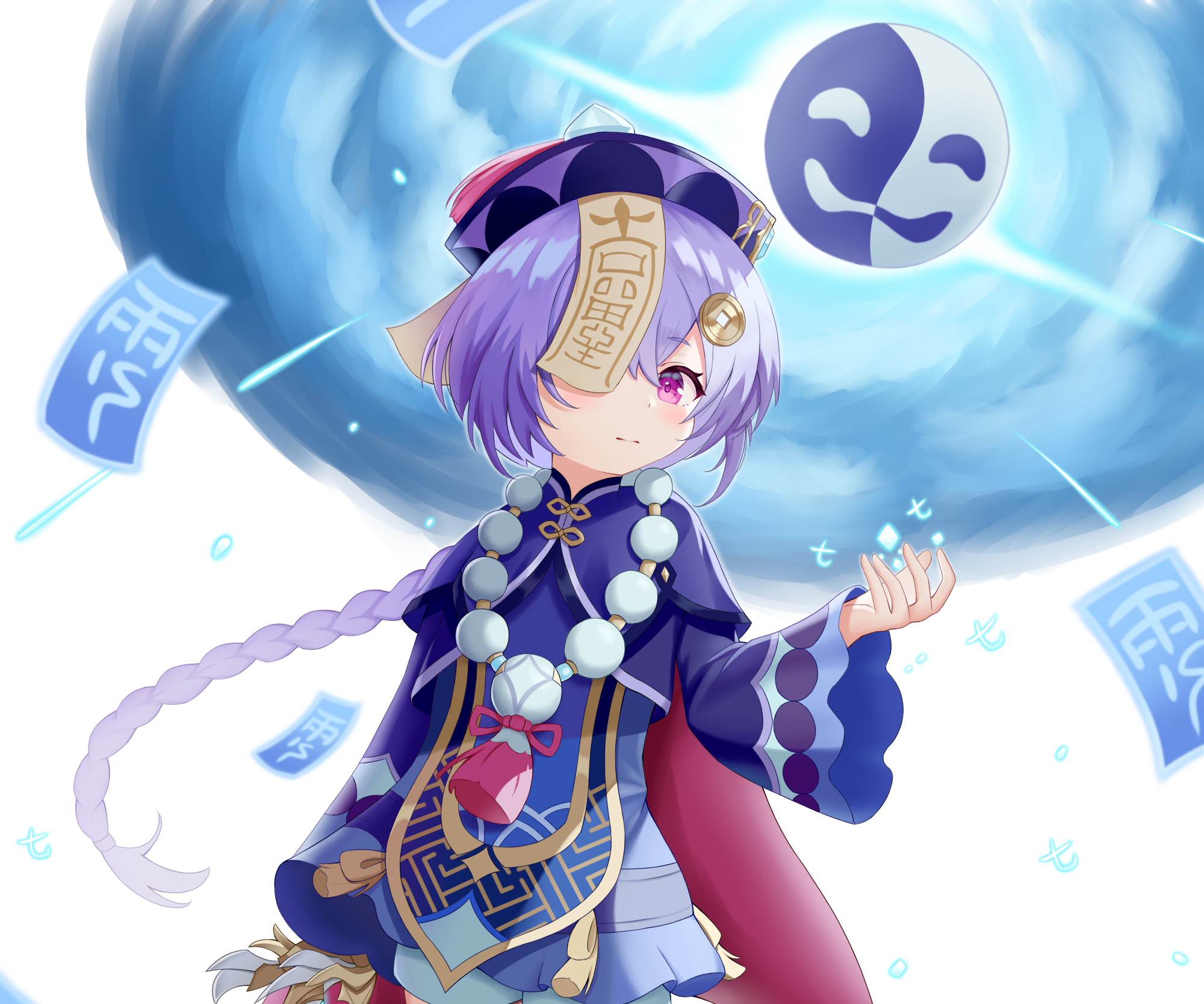 Qiqi from Genshin Impact with Talismans and Cryo Energy HD Wallpaper