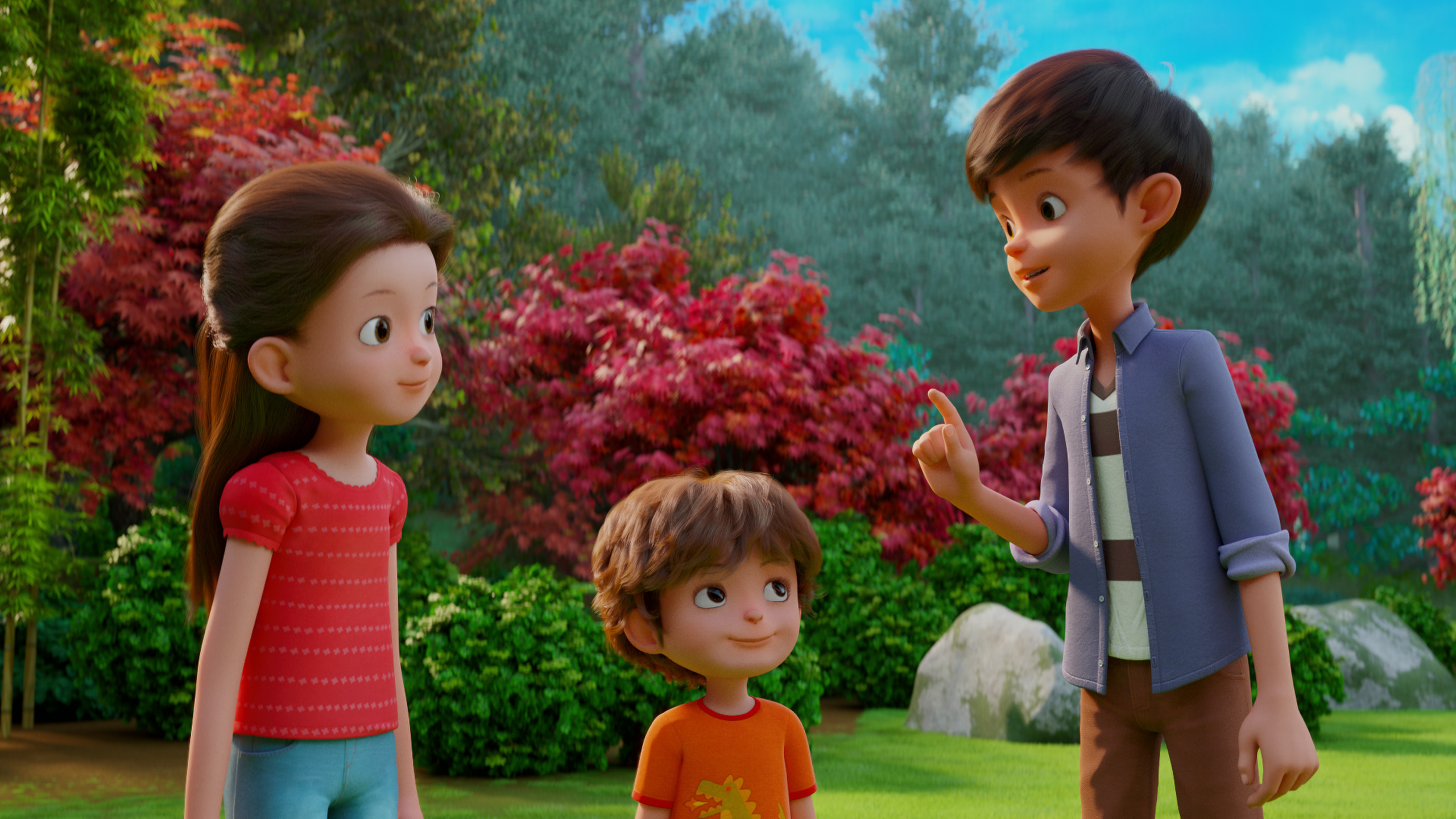 Stillwater: Michael, Karl, and Addy in a vibrant garden HD Wallpaper