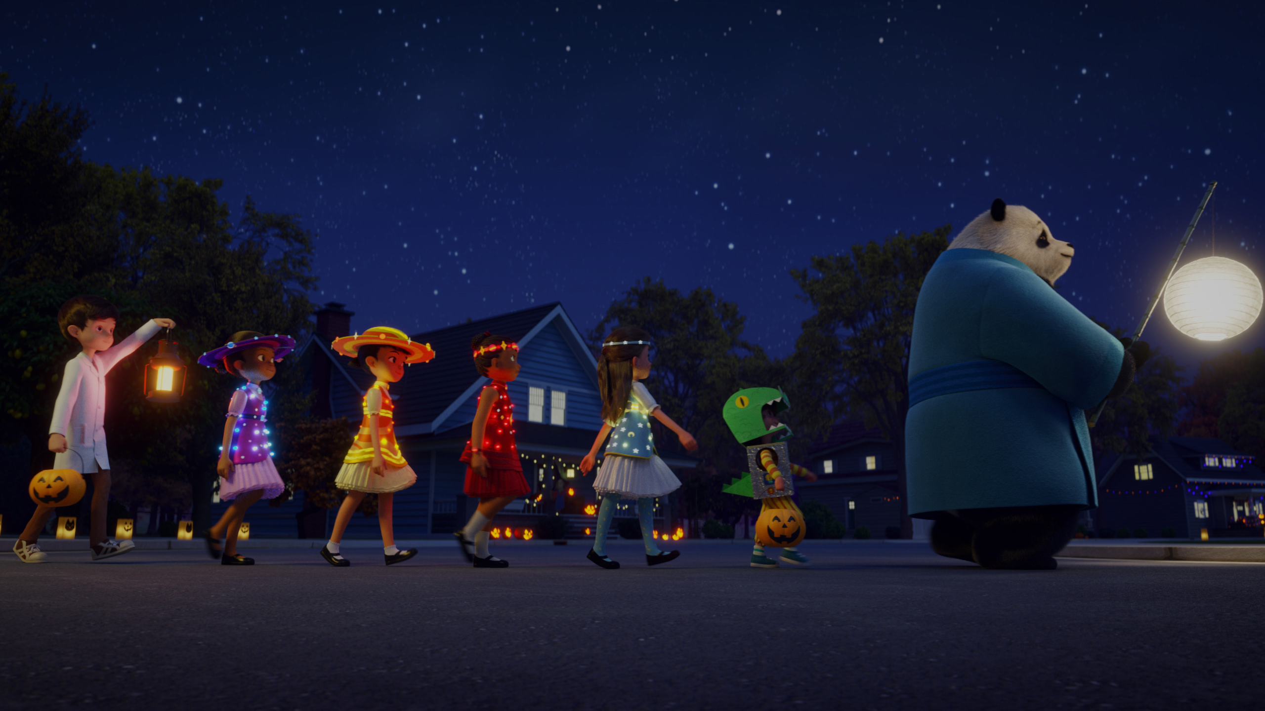 Stillwater and kids trick-or-treating at night HD Wallpaper