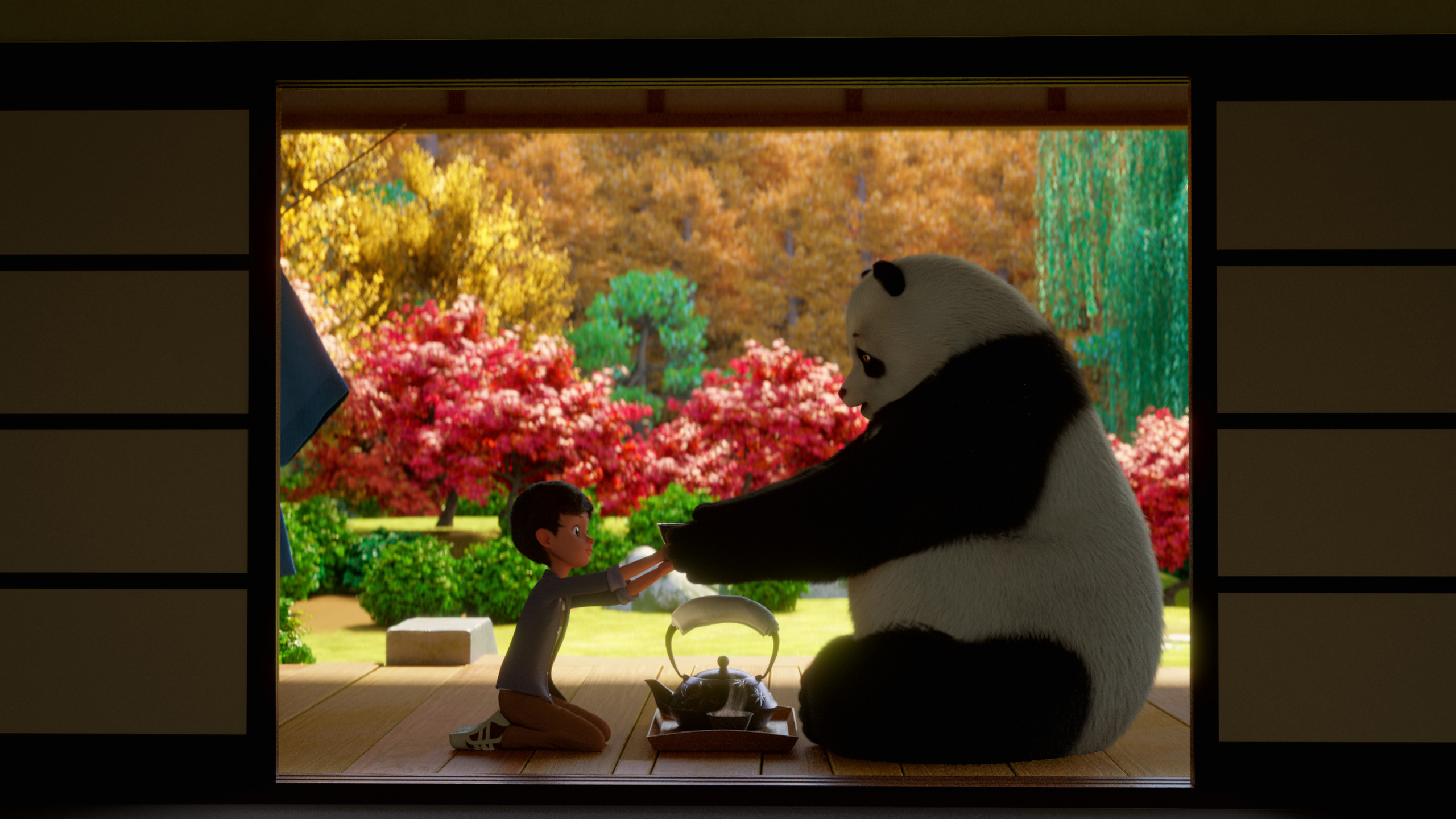 Stillwater and Michael enjoying tea in a Japanese garden HD Wallpaper