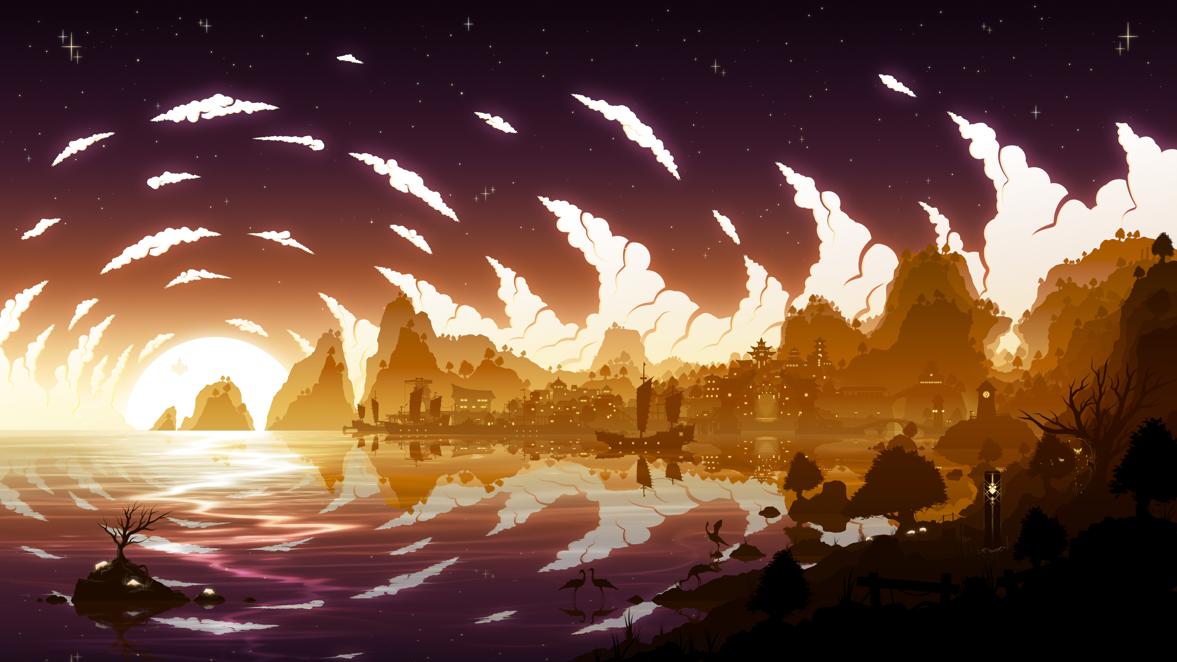 Liyue (Genshin Impact) Golden Hour Harbor Landscape HD Wallpaper
