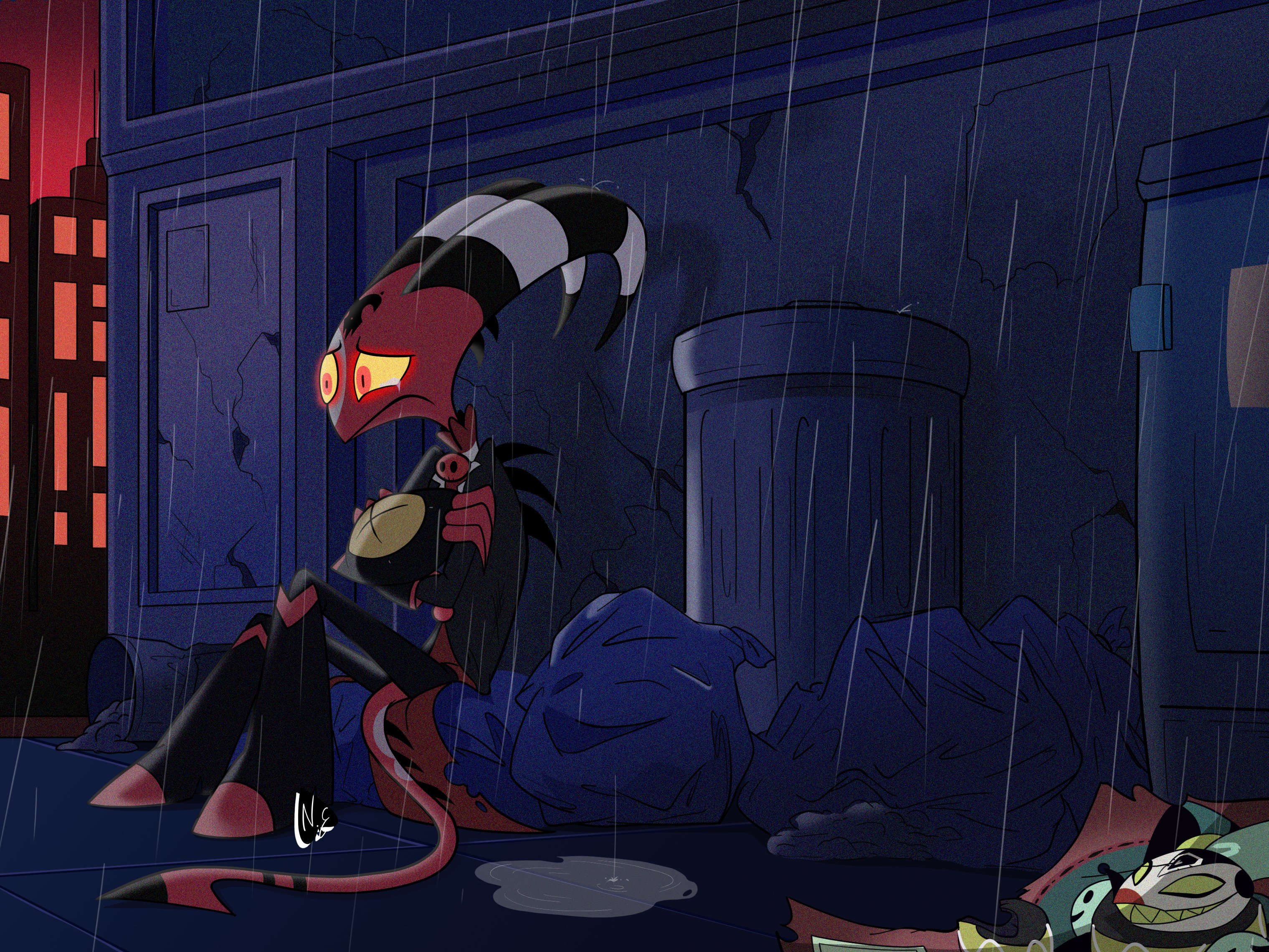 Blitzo sits alone in the rain with Robo Fizz HD Wallpaper