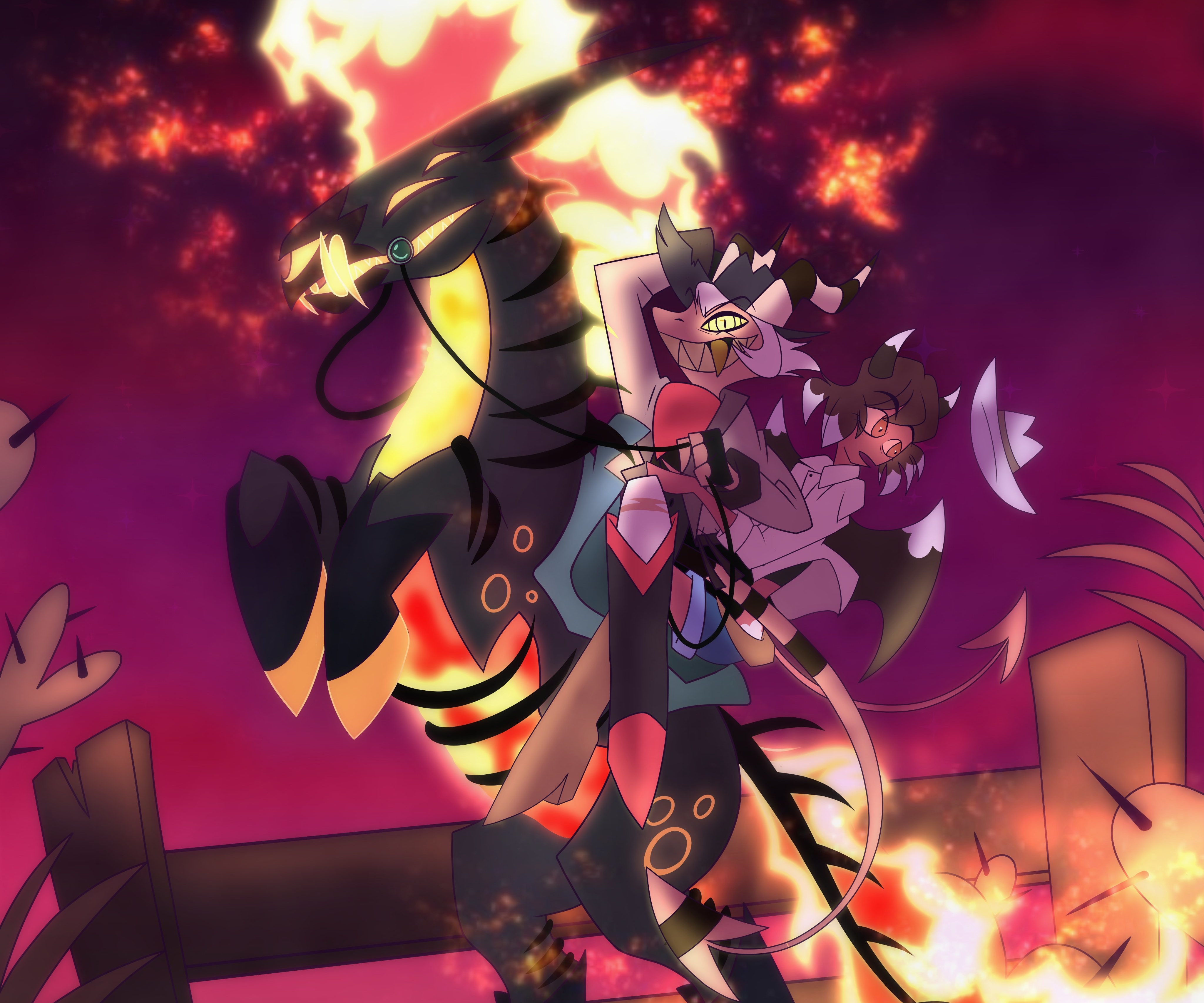 Helluva Boss Striker riding a fiery beast HD Wallpaper