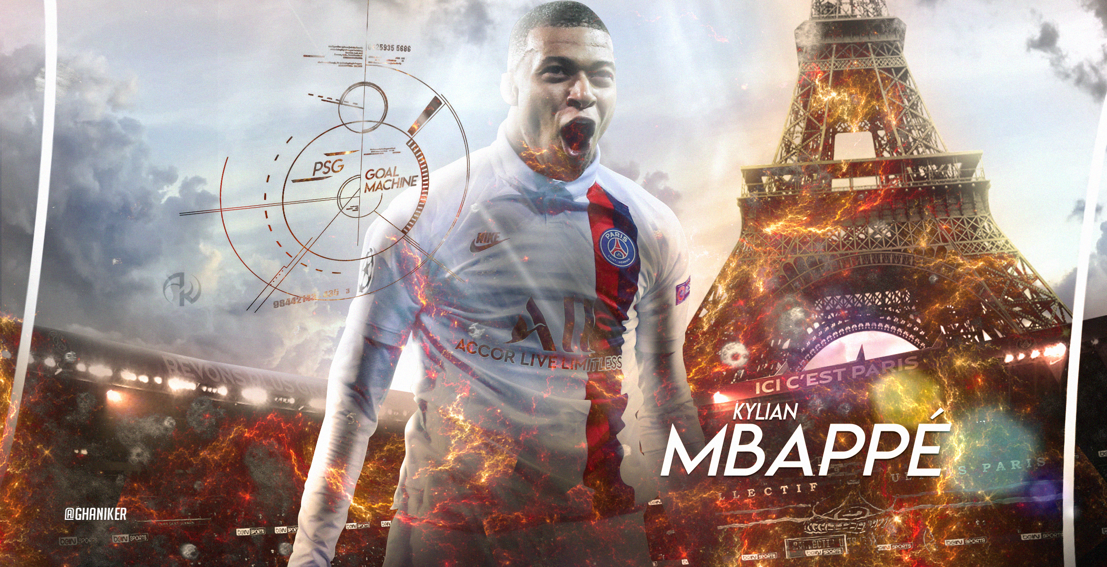 Kylian Mbappé with Eiffel Tower and PSG Emblem HD Wallpaper