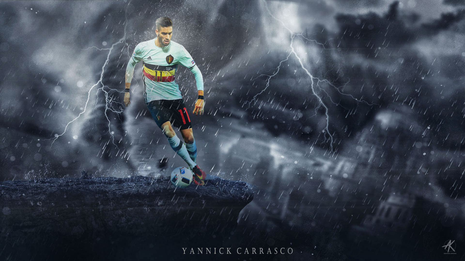 Yannick Carrasco playing football for Belgium amidst lightning and rain HD Wallpaper