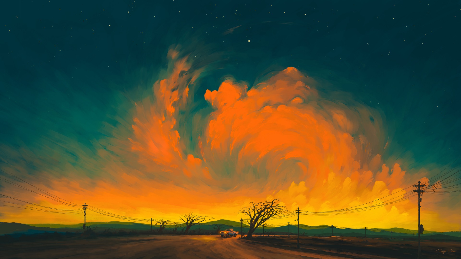 Artistic Night Landscape with Orange Clouds, Car, Power Lines HD Wallpaper