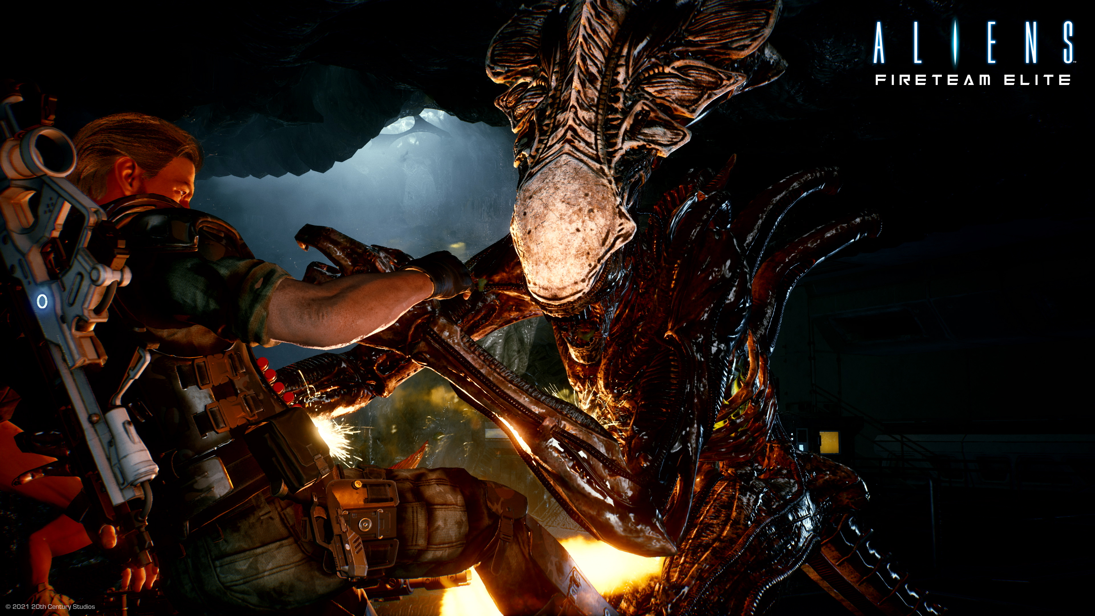 Aliens: Fireteam Elite soldier battles Xenomorph HD Wallpaper