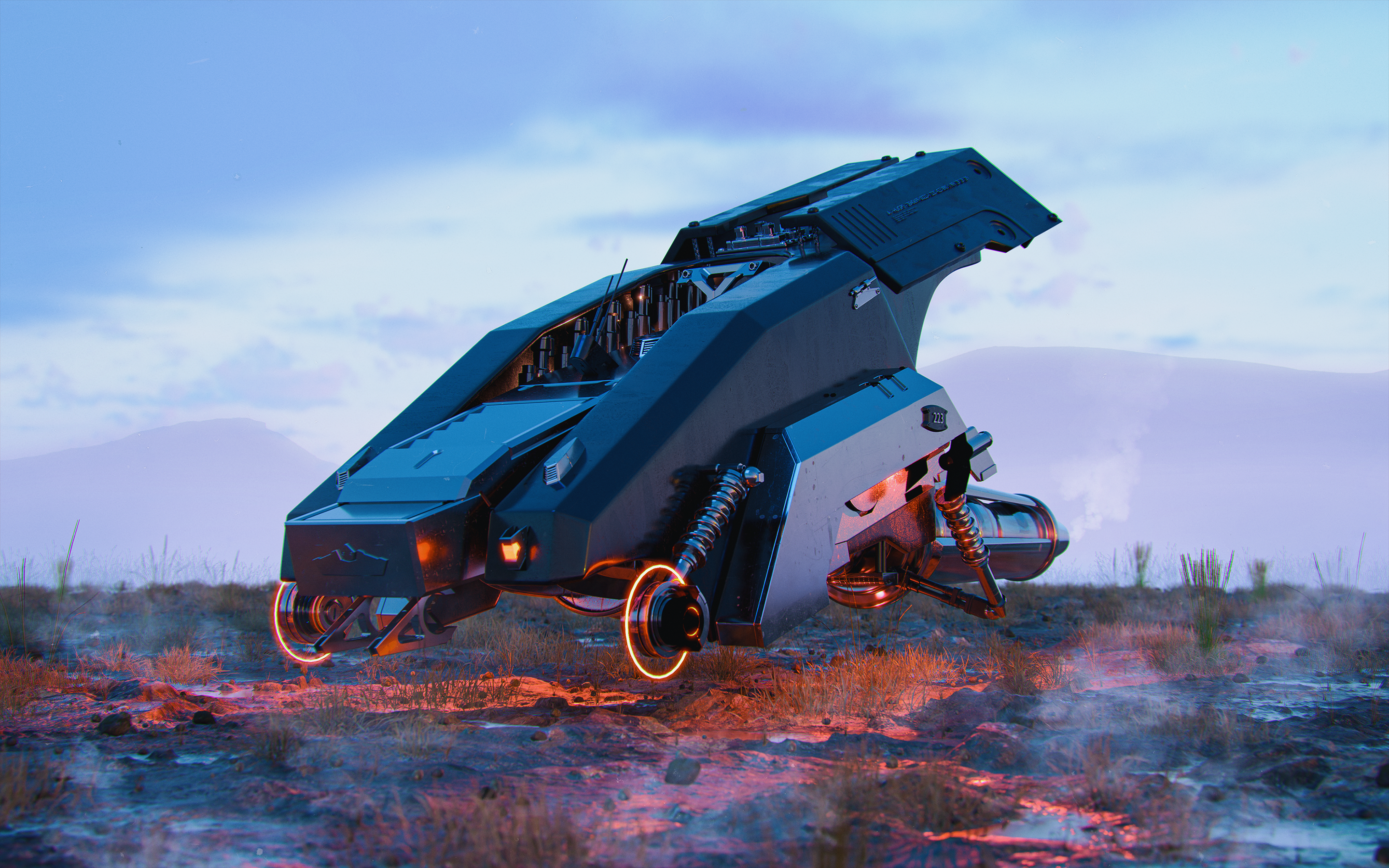 Aerocar with glowing thrusters on a rugged landscape HD Wallpaper