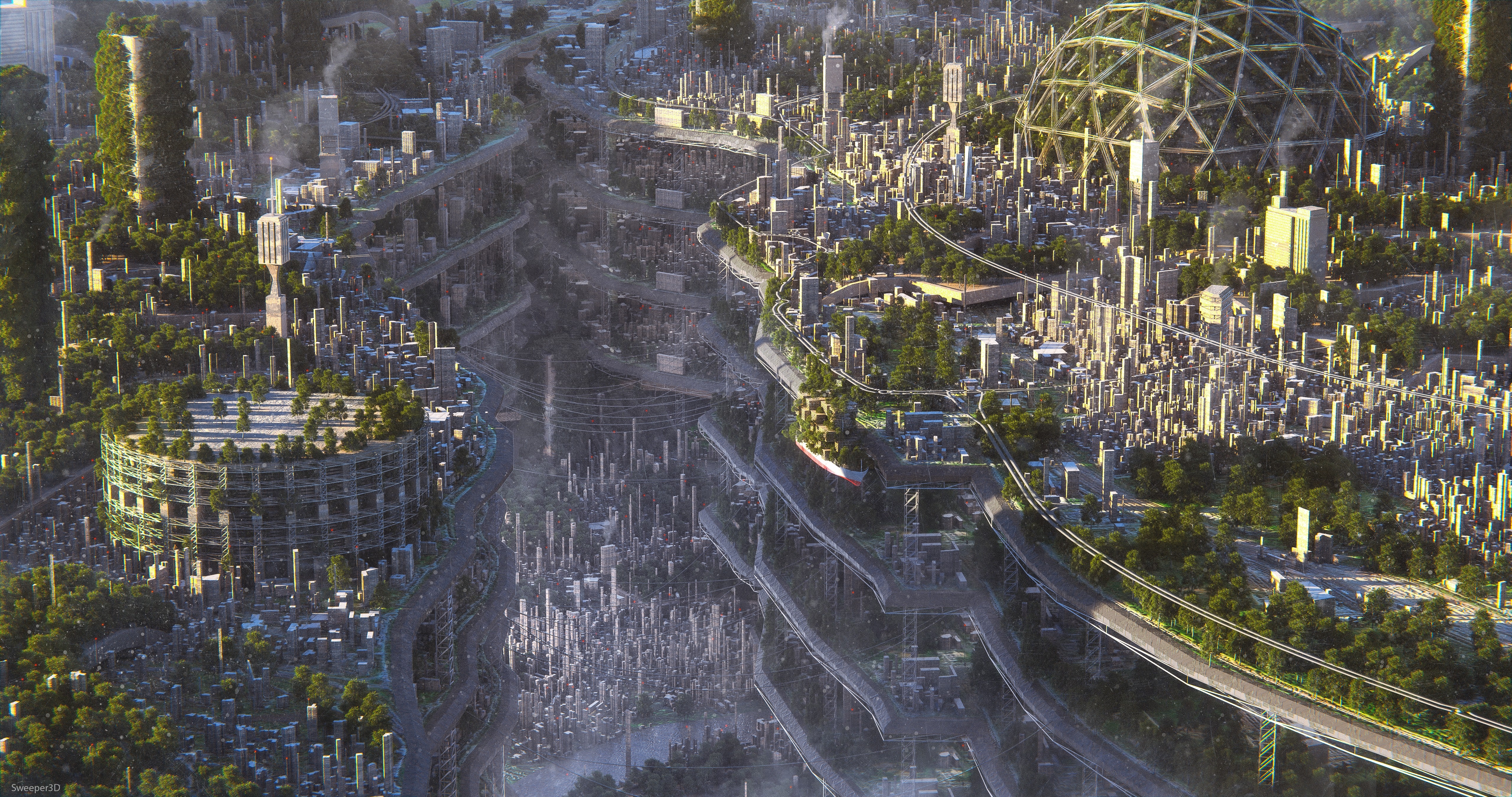 Sci-Fi City: Verdant Skyscrapers and Deep Urban Canyon HD Wallpaper