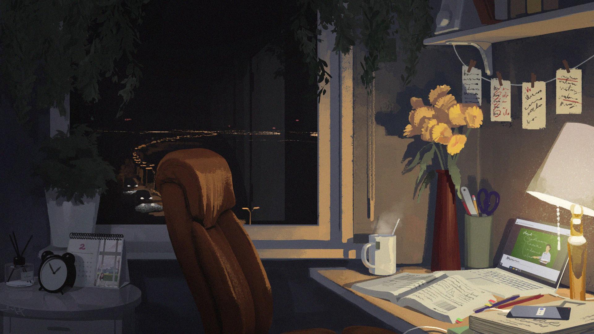 Cozy Midnight Study Desk with City View HD Wallpaper