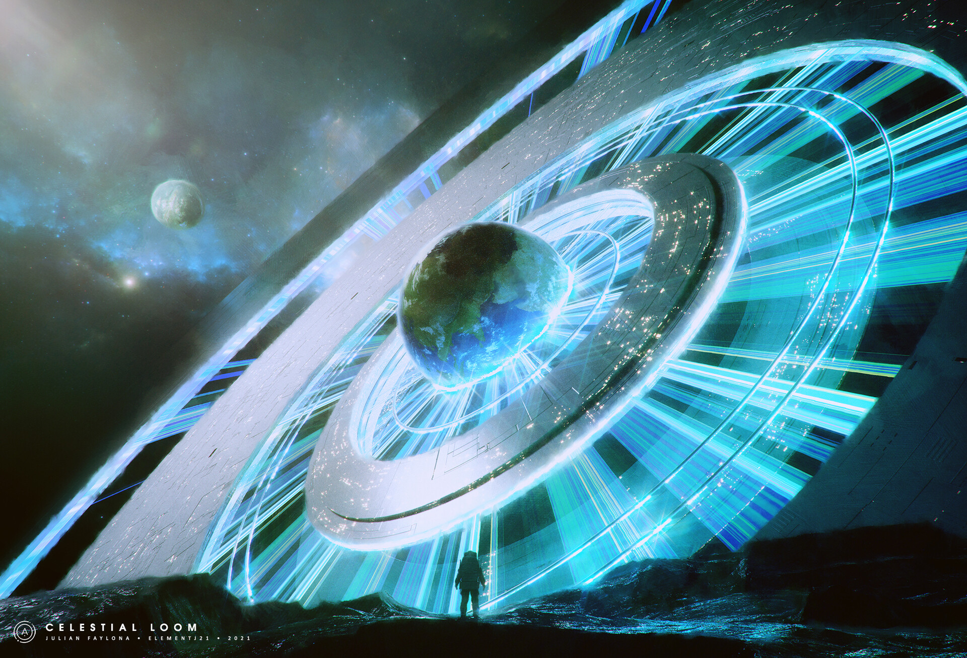 Celestial Loom: Astronaut Views a Cosmic Energy Structure HD Wallpaper