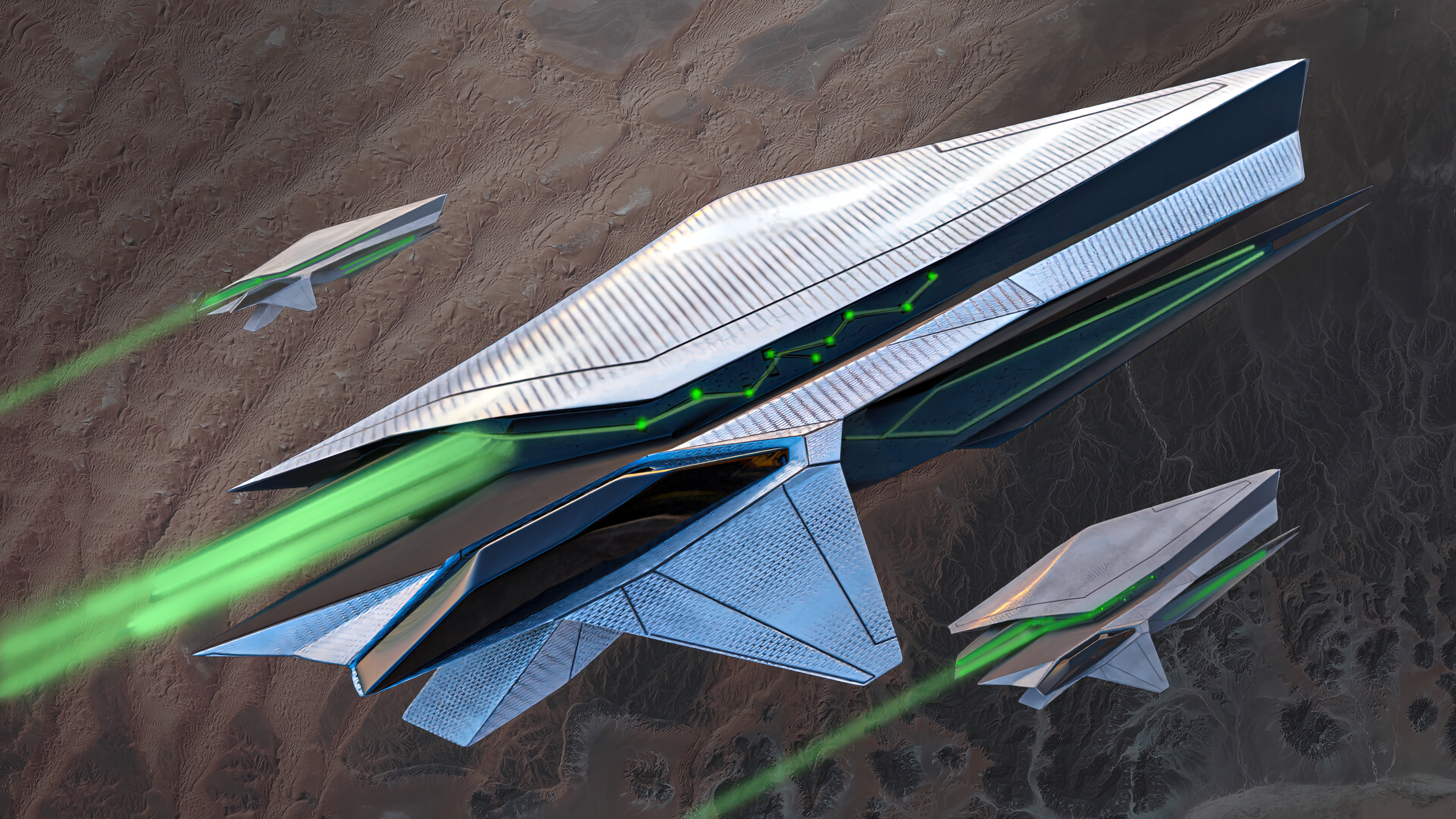 Sci-fi fleet with green energy beams over desert HD Wallpaper