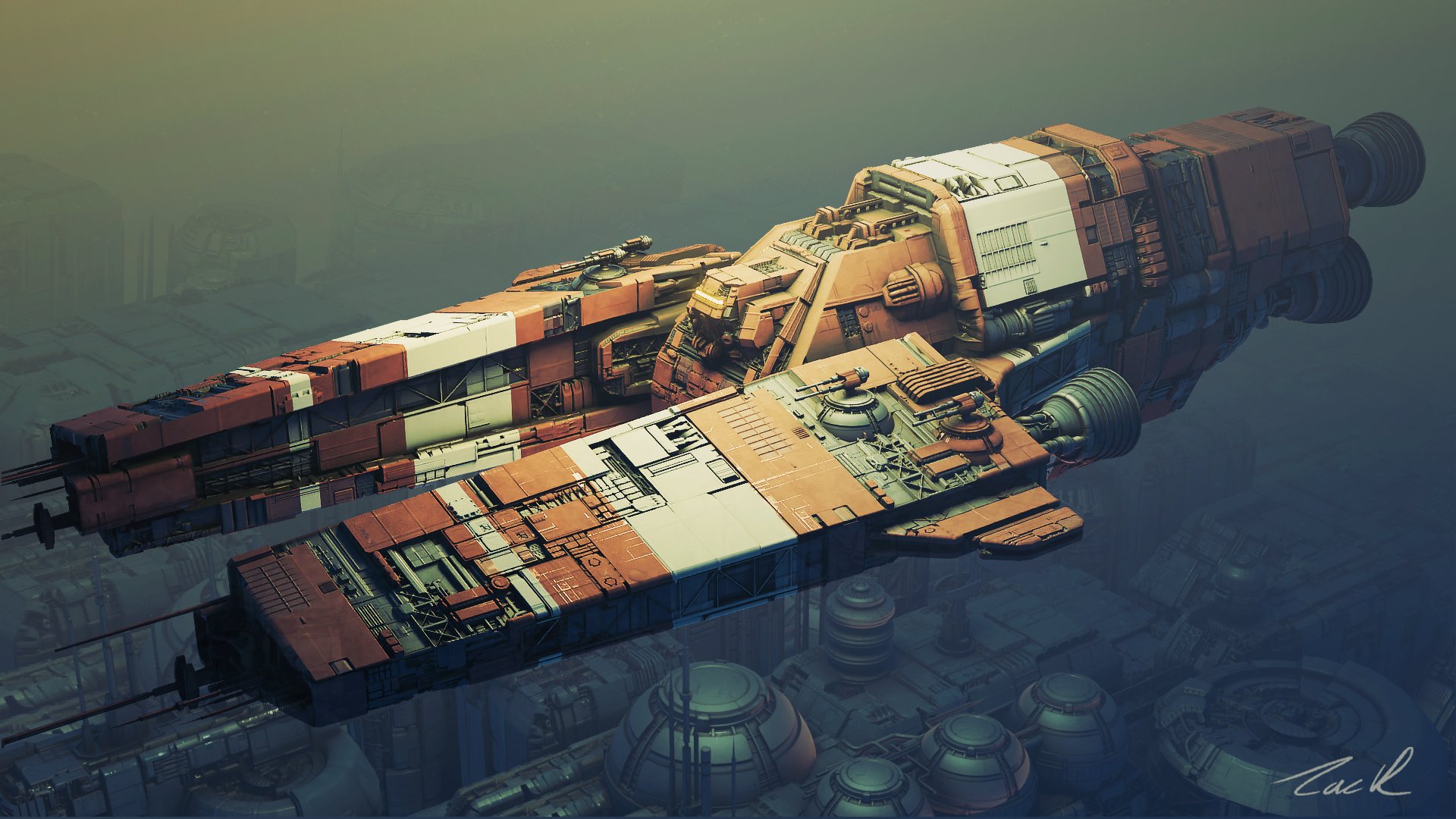 Industrial Ship Flying Over Futuristic City HD Wallpaper