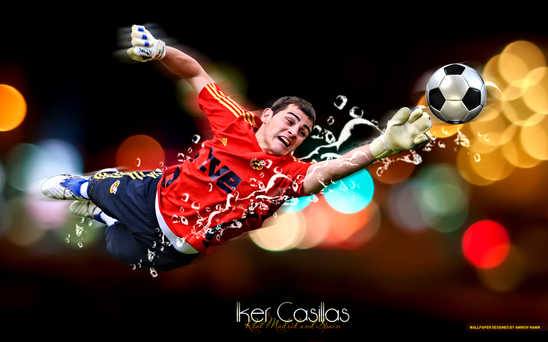 Iker Casillas diving soccer save with water splashes HD Wallpaper