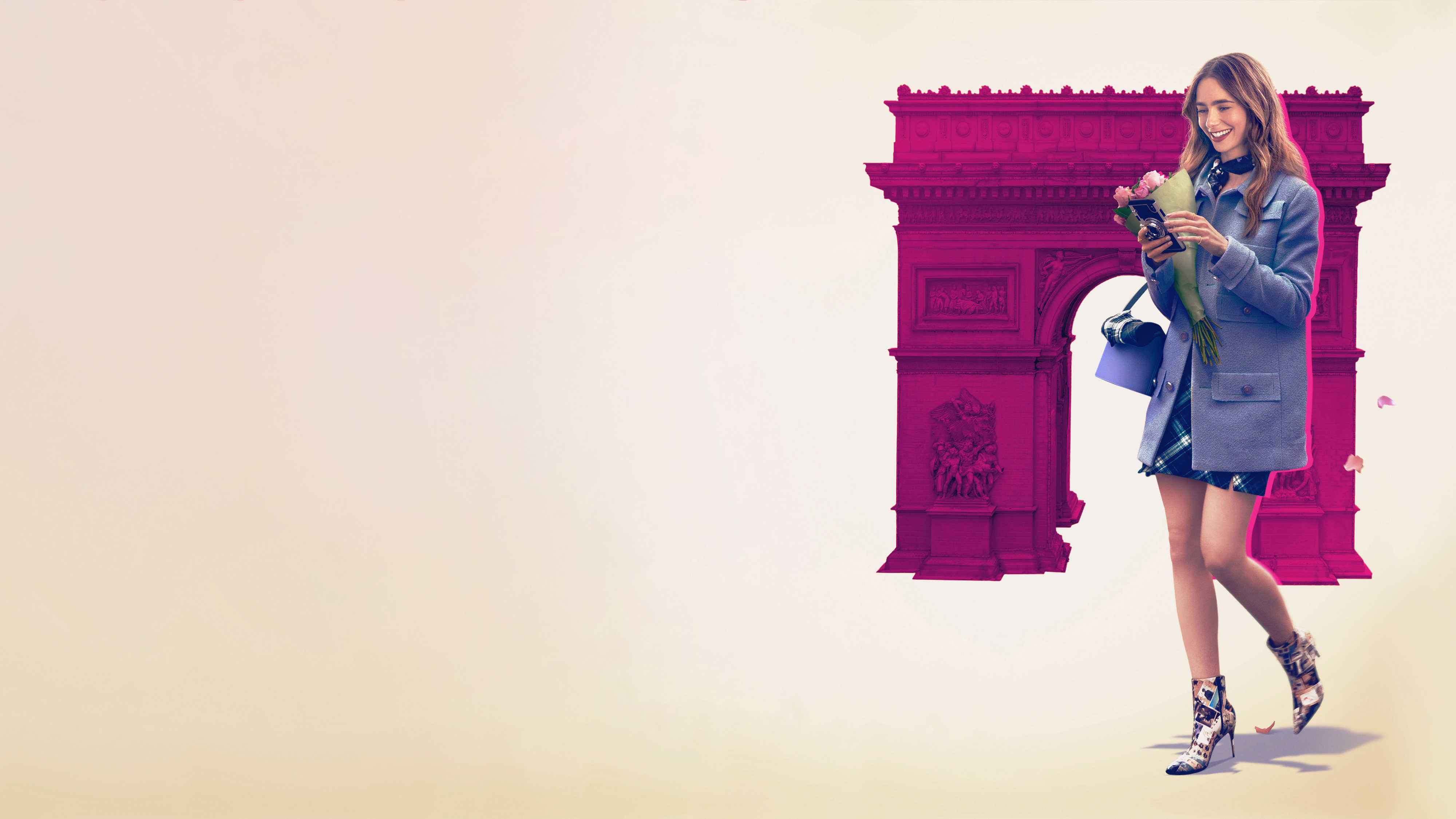 Emily in Paris walking by magenta Arc de Triomphe HD Wallpaper
