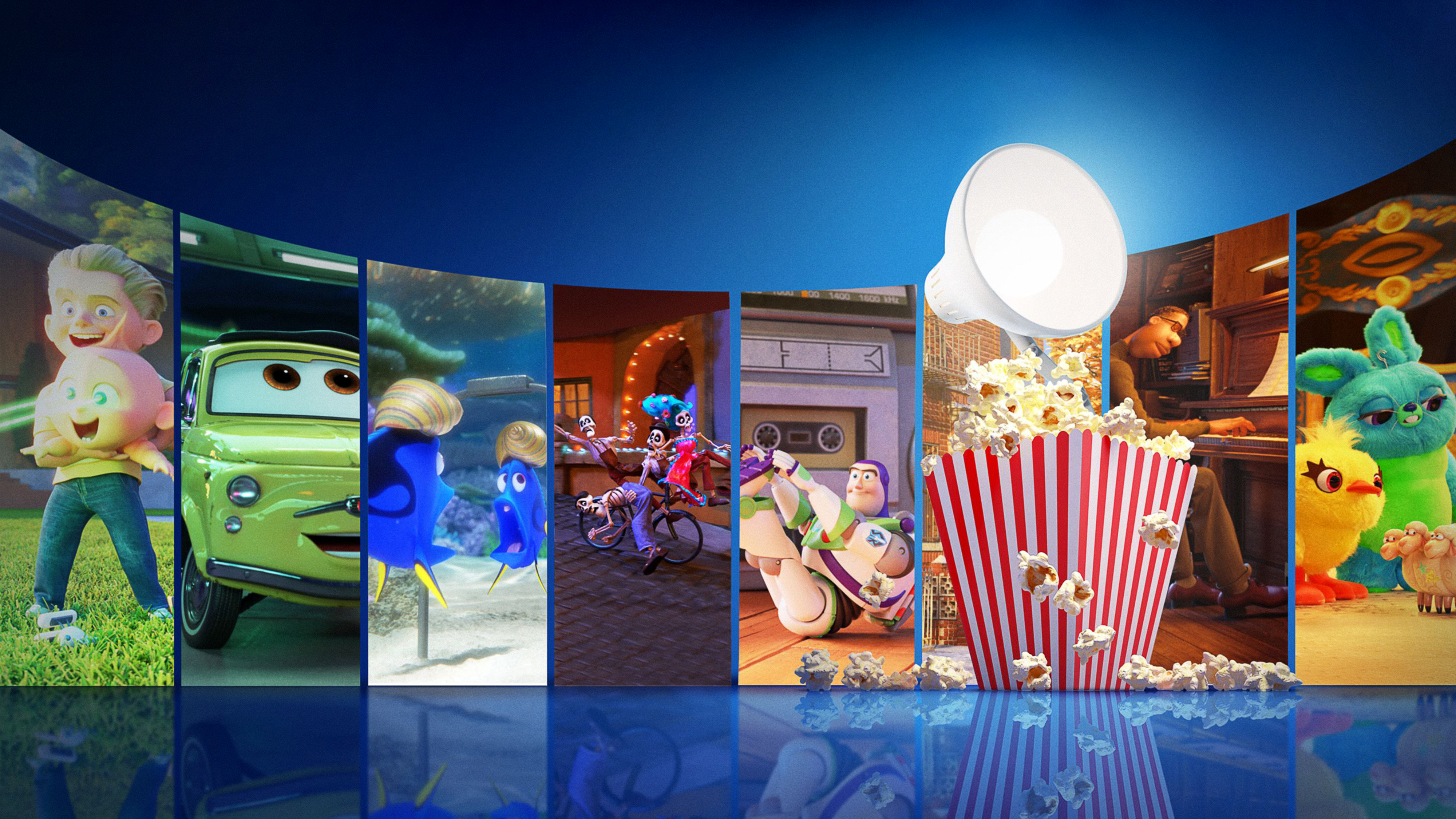 Pixar animated film collection with popcorn and megaphone HD Wallpaper