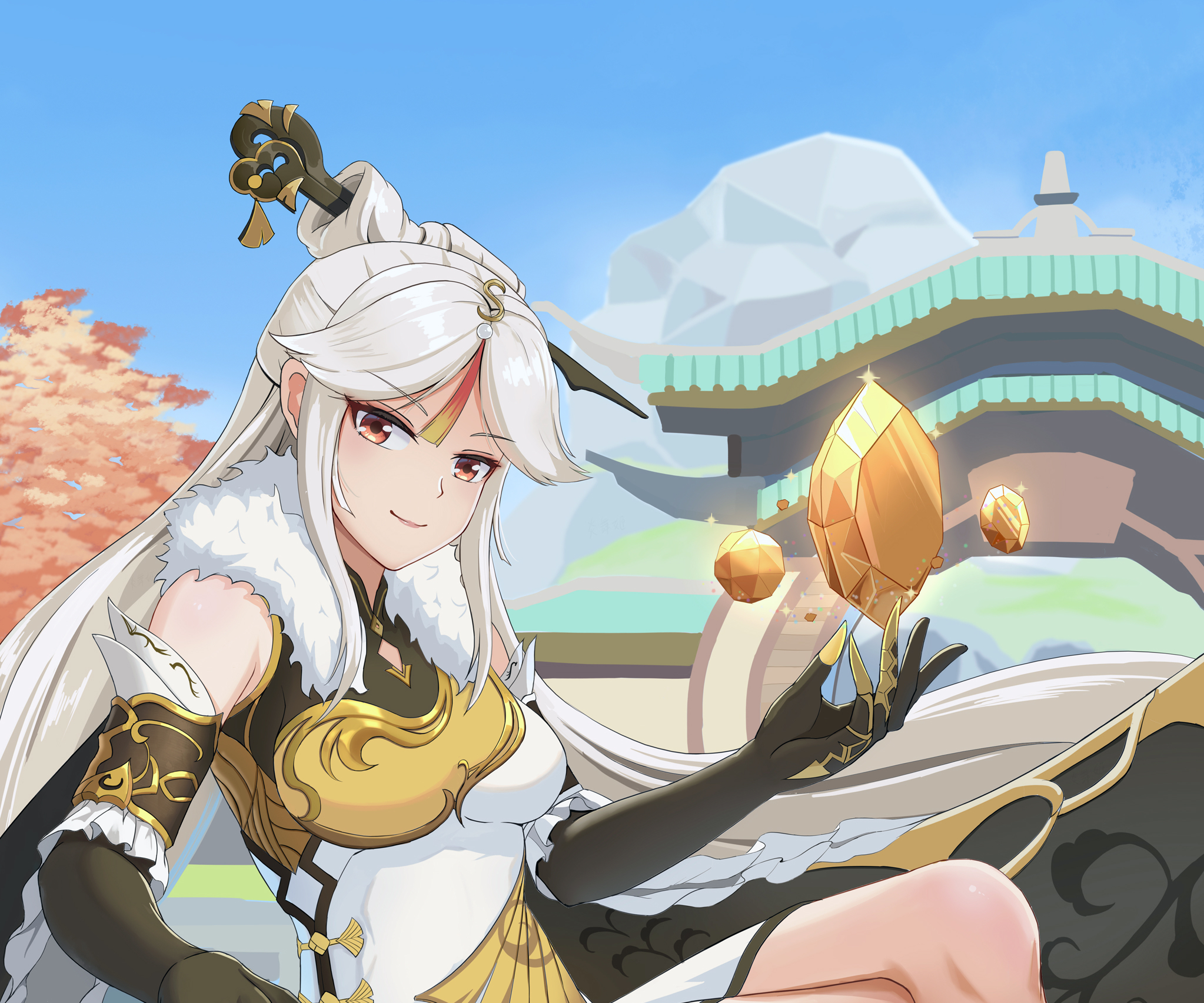 Ningguang smiling with geo crystals in Genshin Impact HD Wallpaper