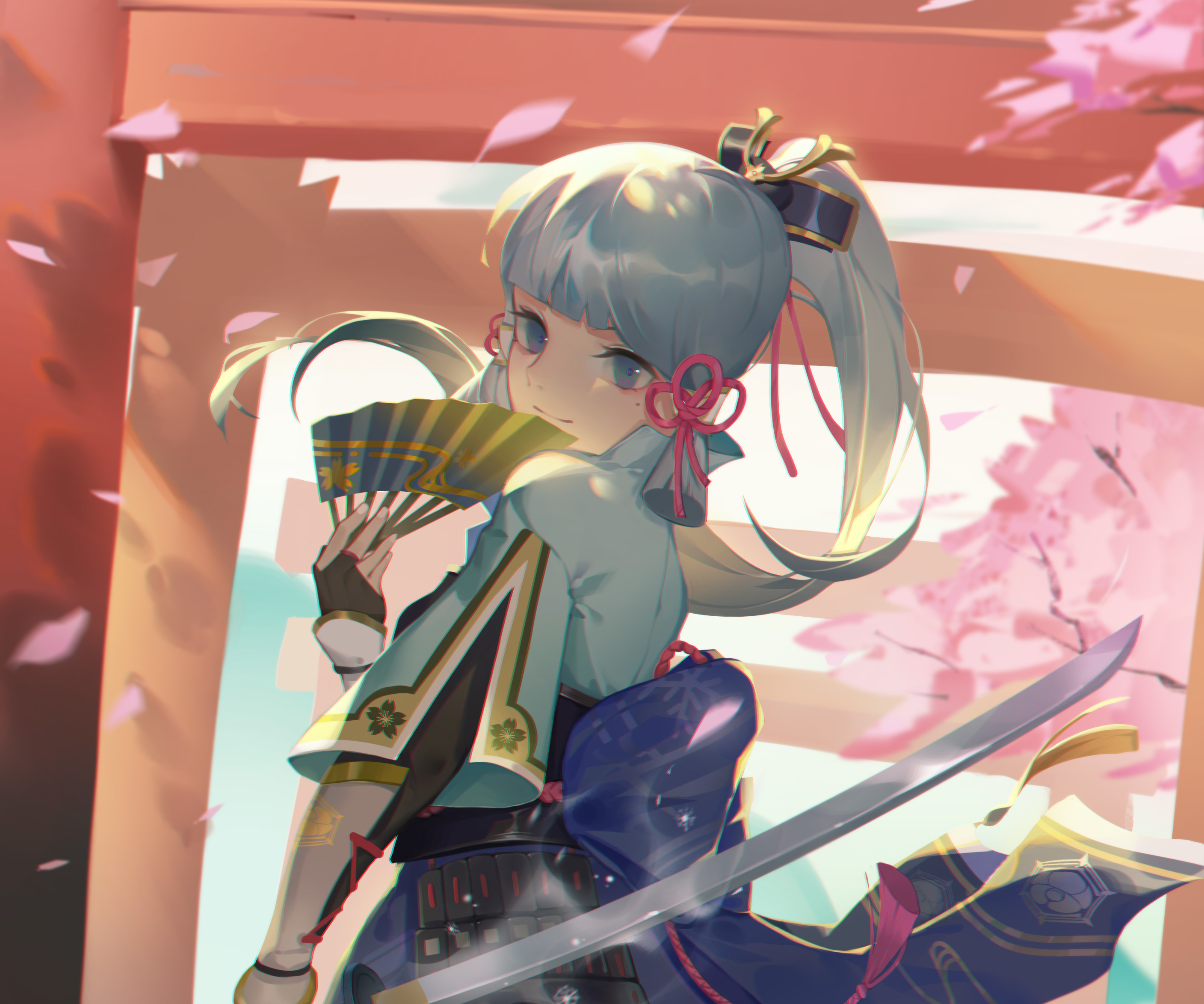 Kamisato Ayaka with fan and katana HD Wallpaper