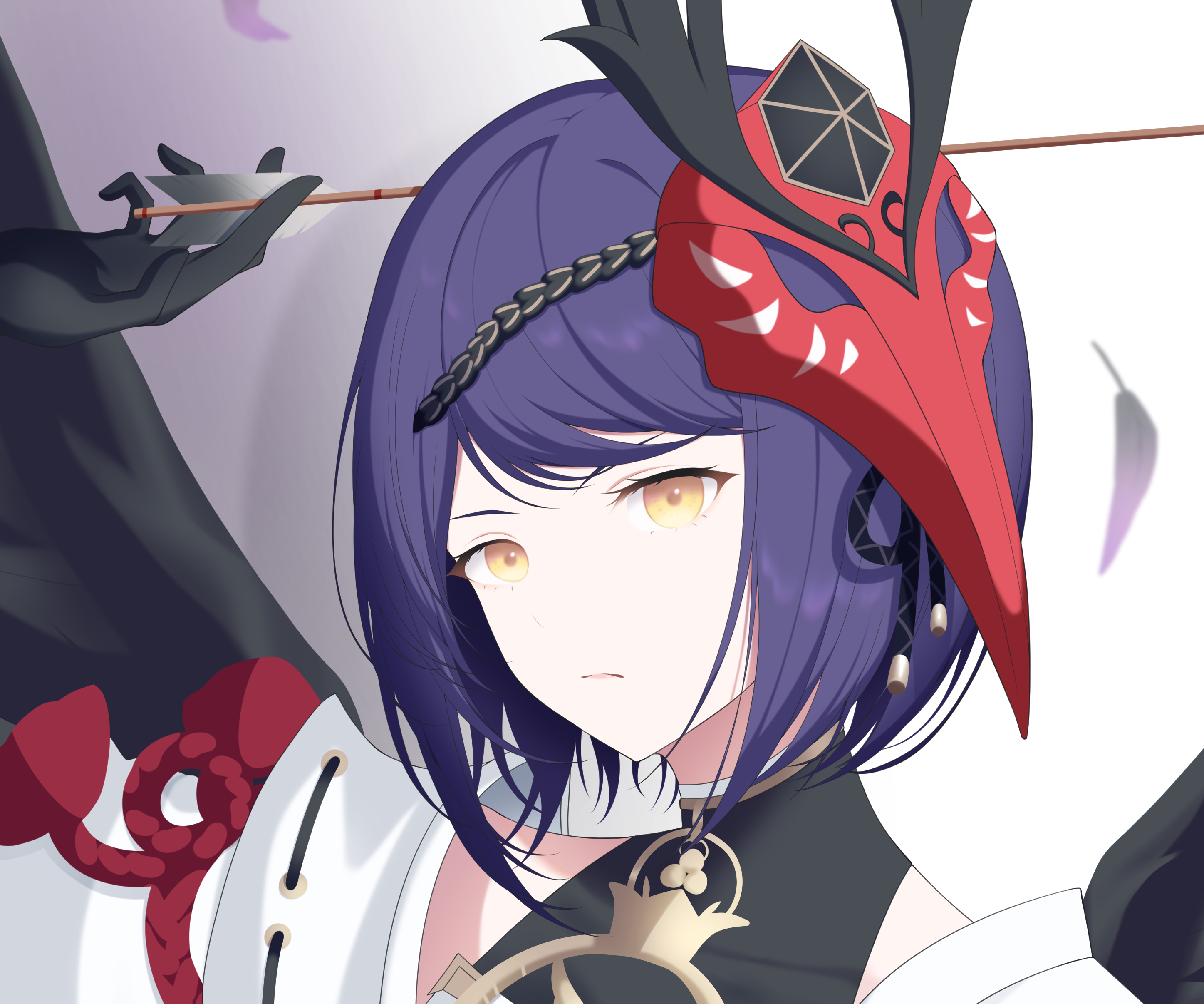Kujou Sara with Red Bird Mask and Arrow HD Wallpaper
