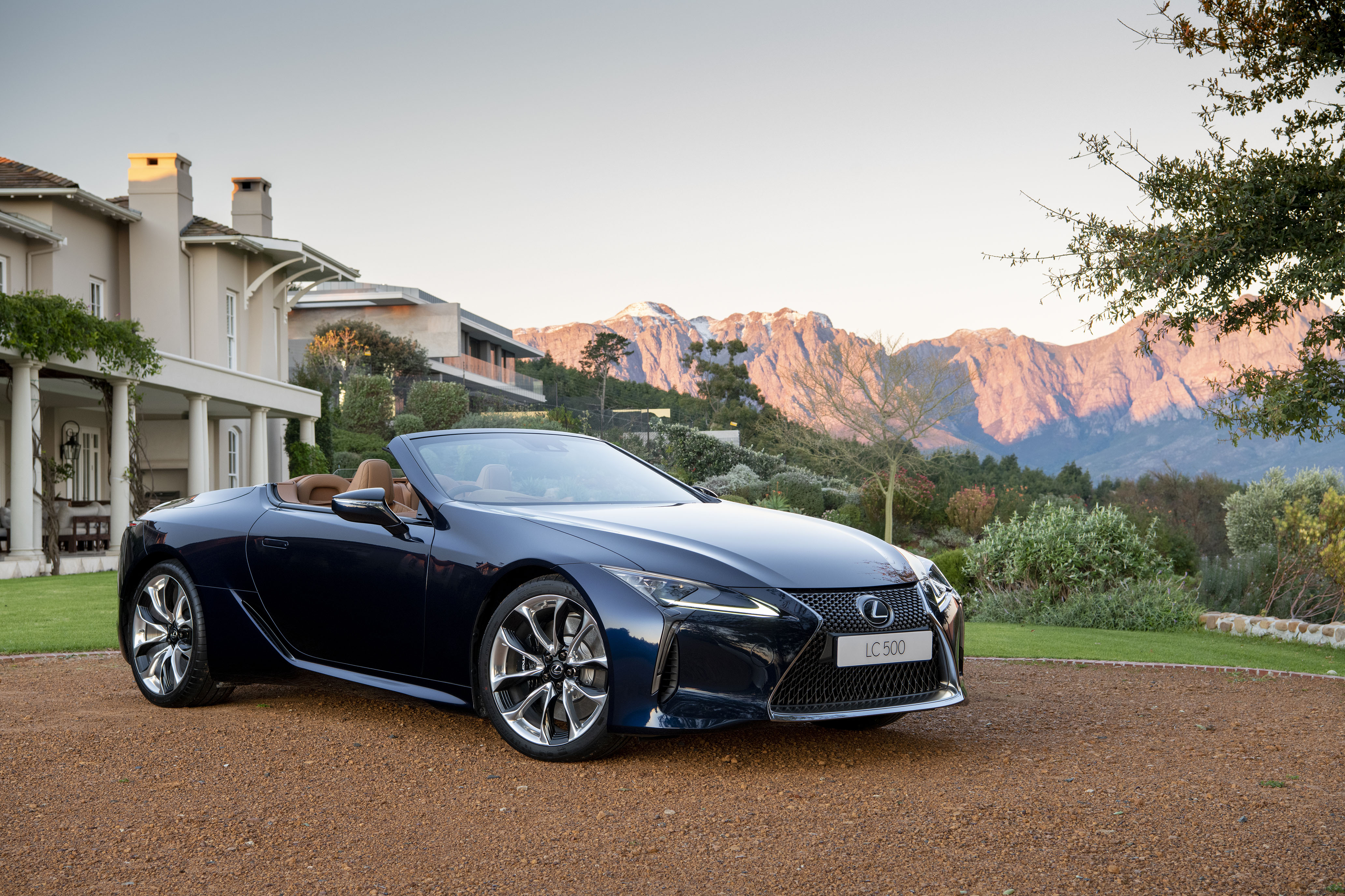 Lexus LC 500 Cabriolet luxury car with mountain backdrop HD Wallpaper