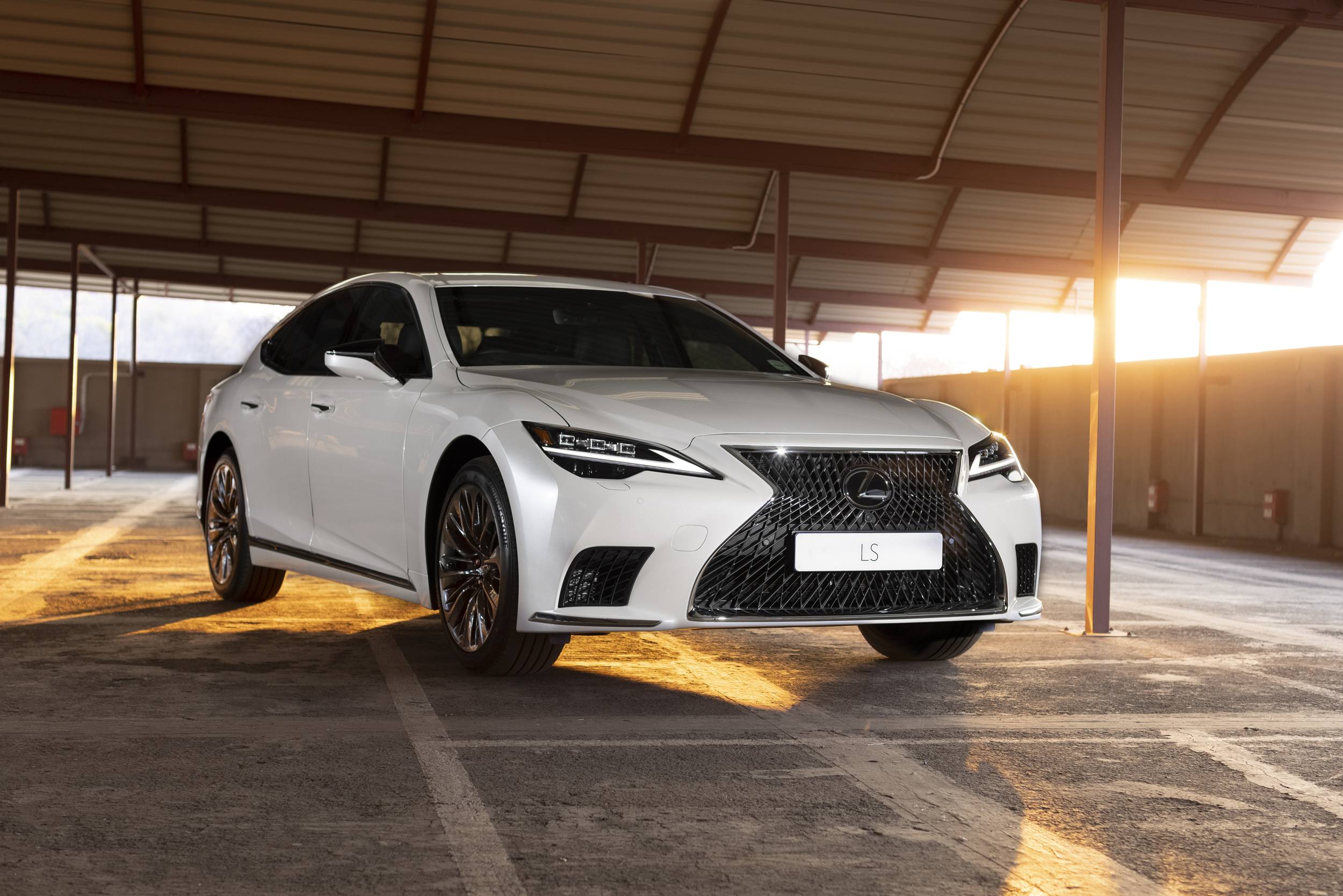 White Lexus LS 500 luxury car at golden hour HD Wallpaper