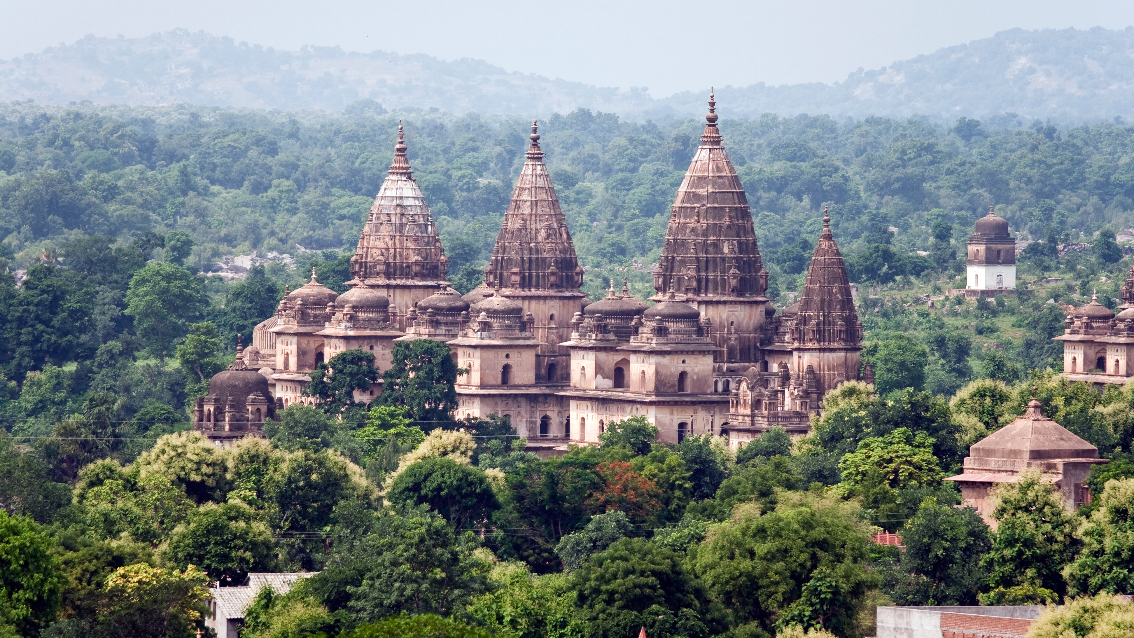 Royal Chhatris of Orchha amidst lush green landscape HD Wallpaper