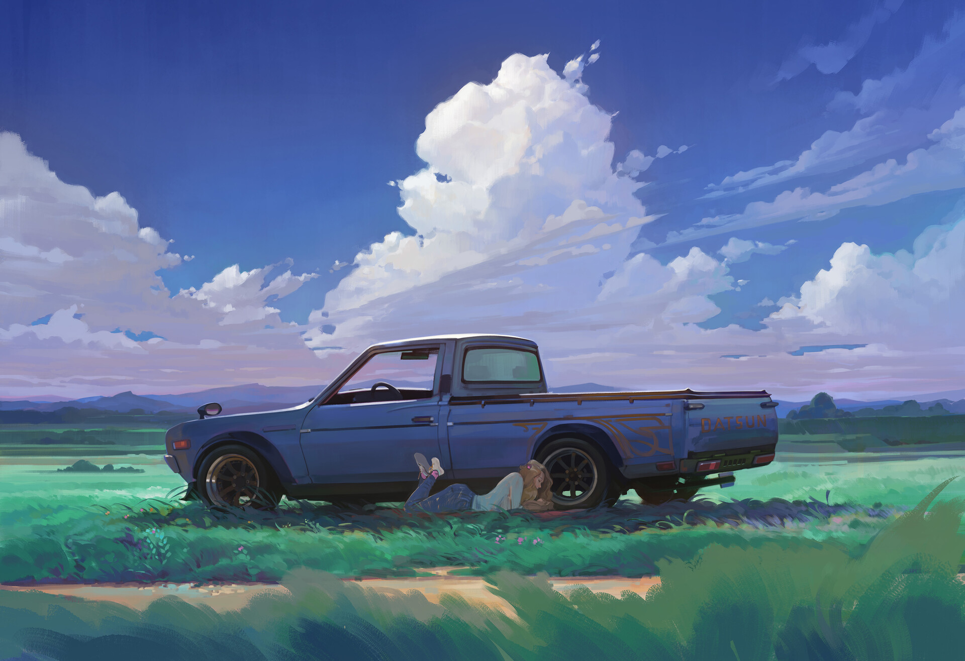 Datsun truck and person relaxing on a beautiful day HD Wallpaper
