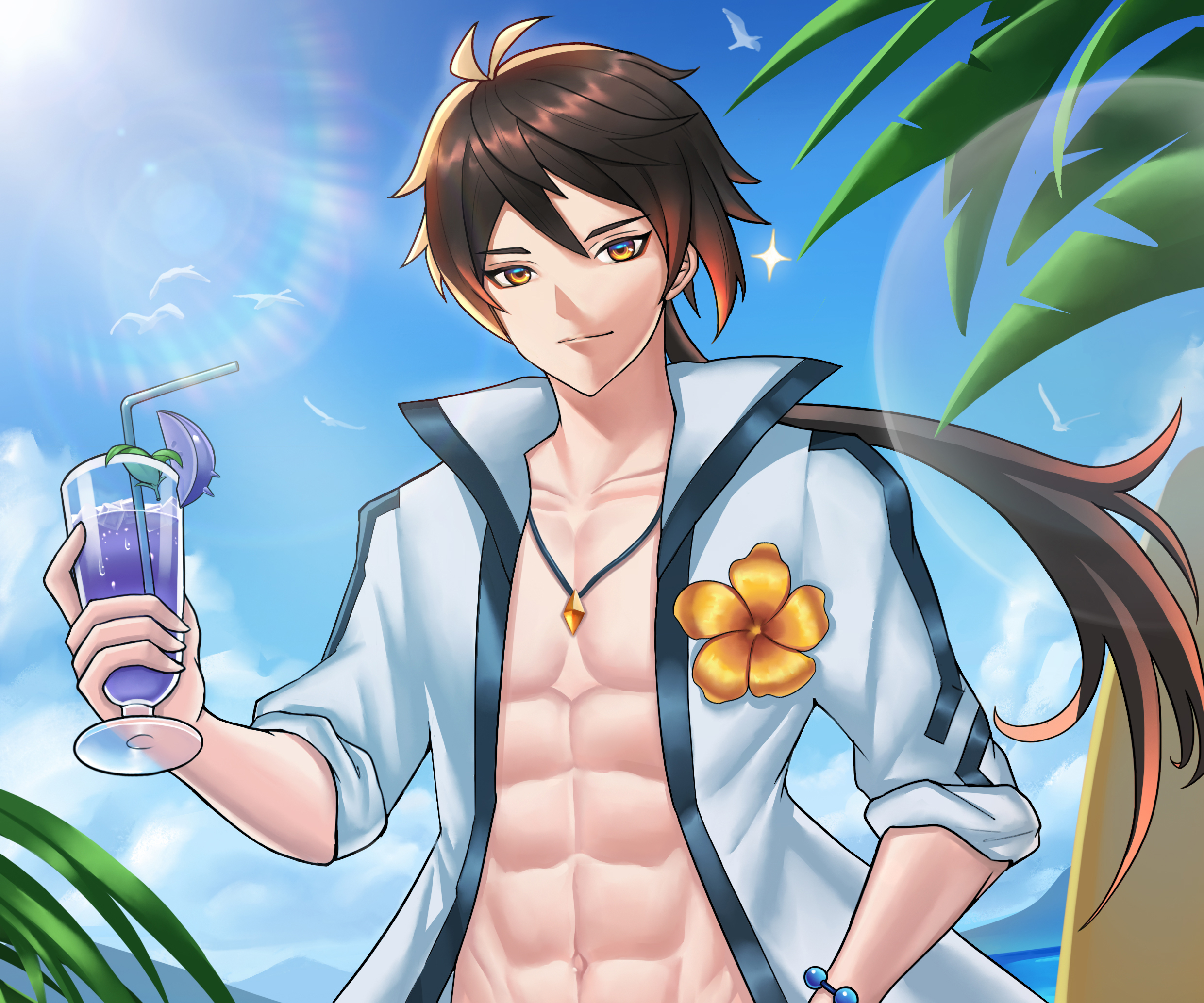 Zhongli's summer beach day with a refreshing drink HD Wallpaper