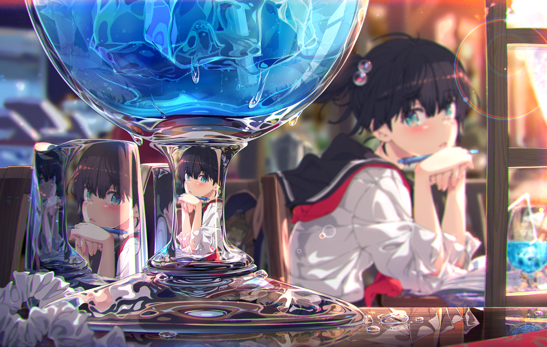 Blue-Eyed Schoolgirl Reflected in a Glass HD Wallpaper