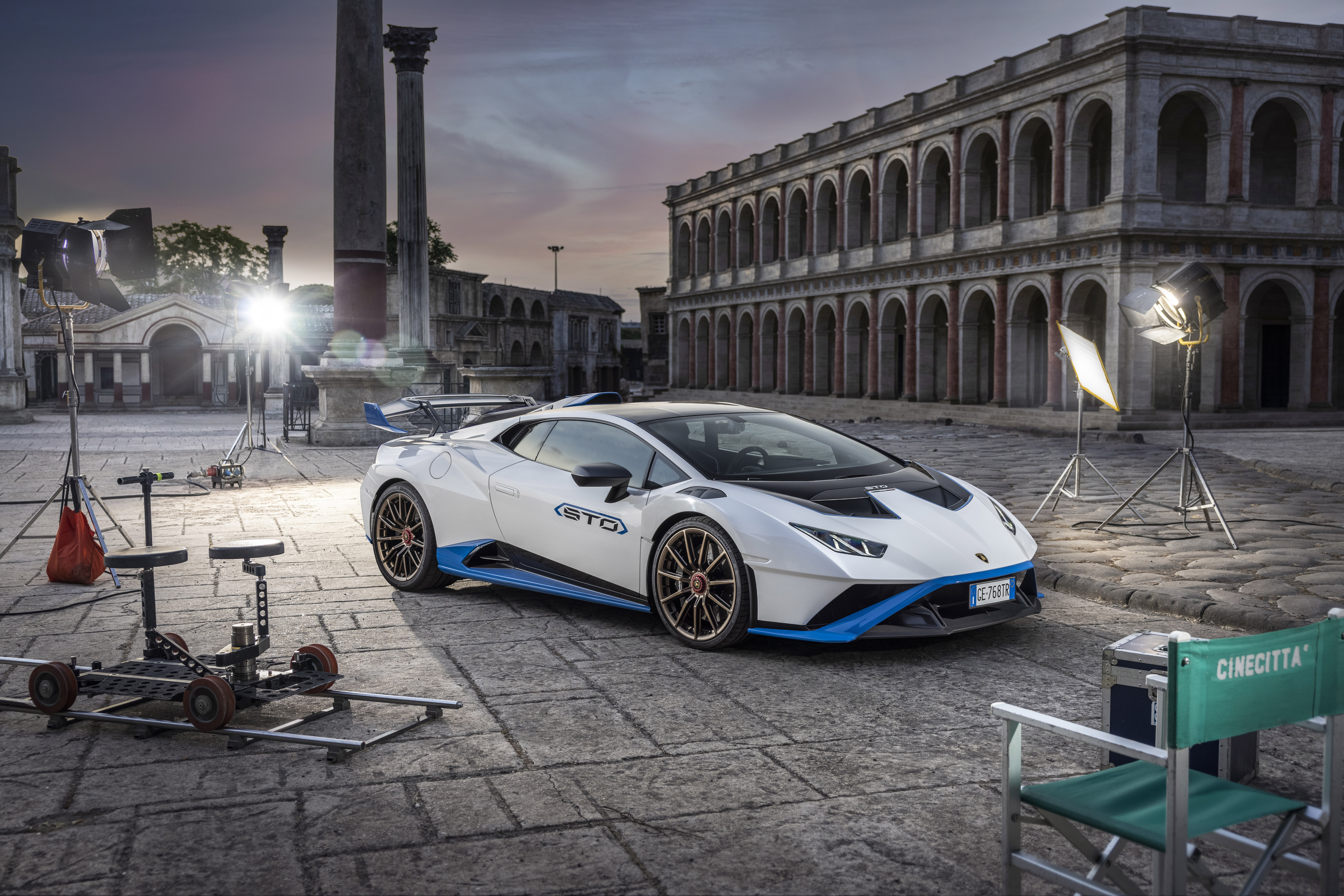White Lamborghini Huracán STO at Cinecittà film set HD Wallpaper