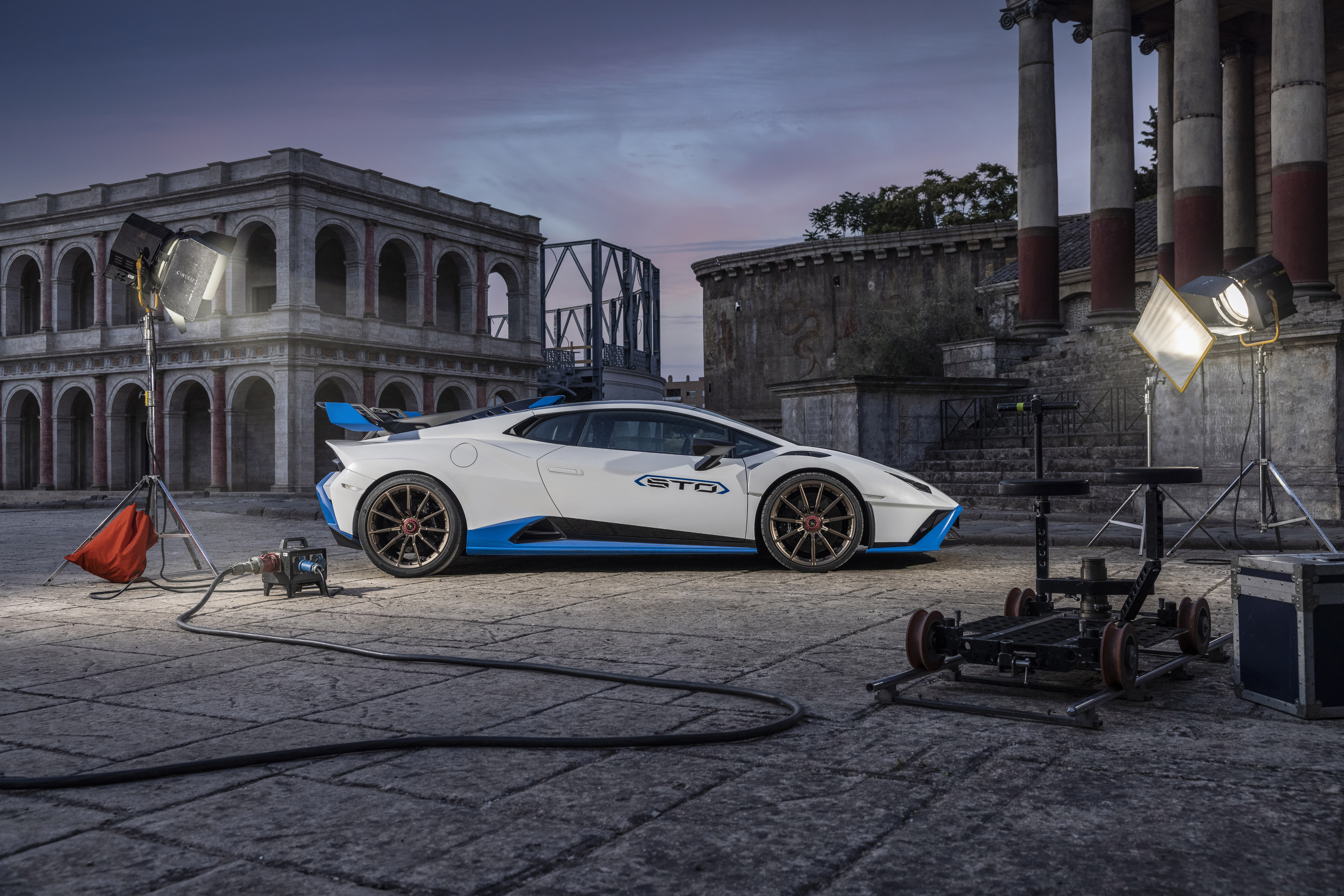 Lamborghini Huracán STO supercar on film set at dusk HD Wallpaper