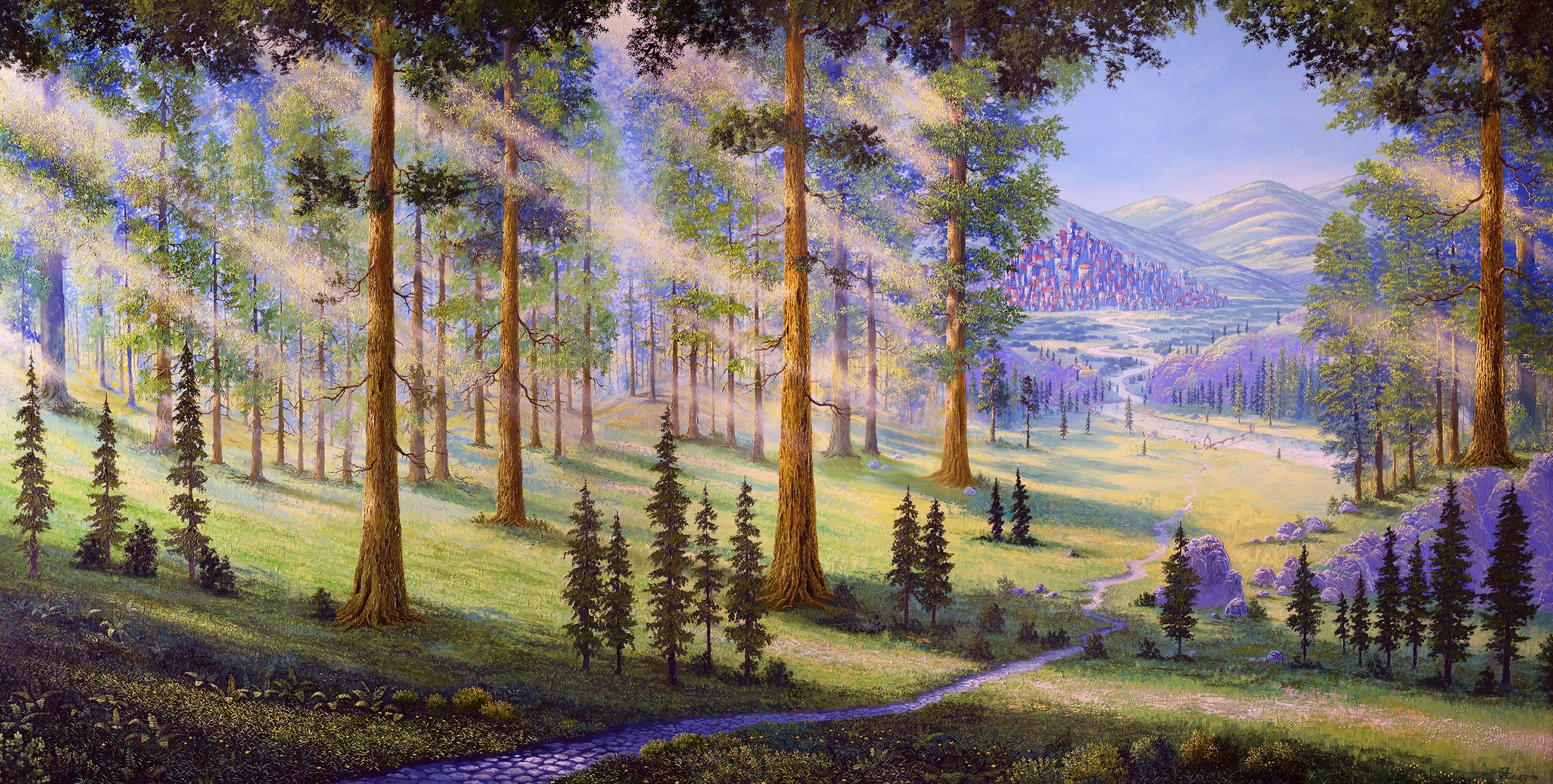 Moonlight Forest with Light Beams and Distant Fantasy City HD Wallpaper