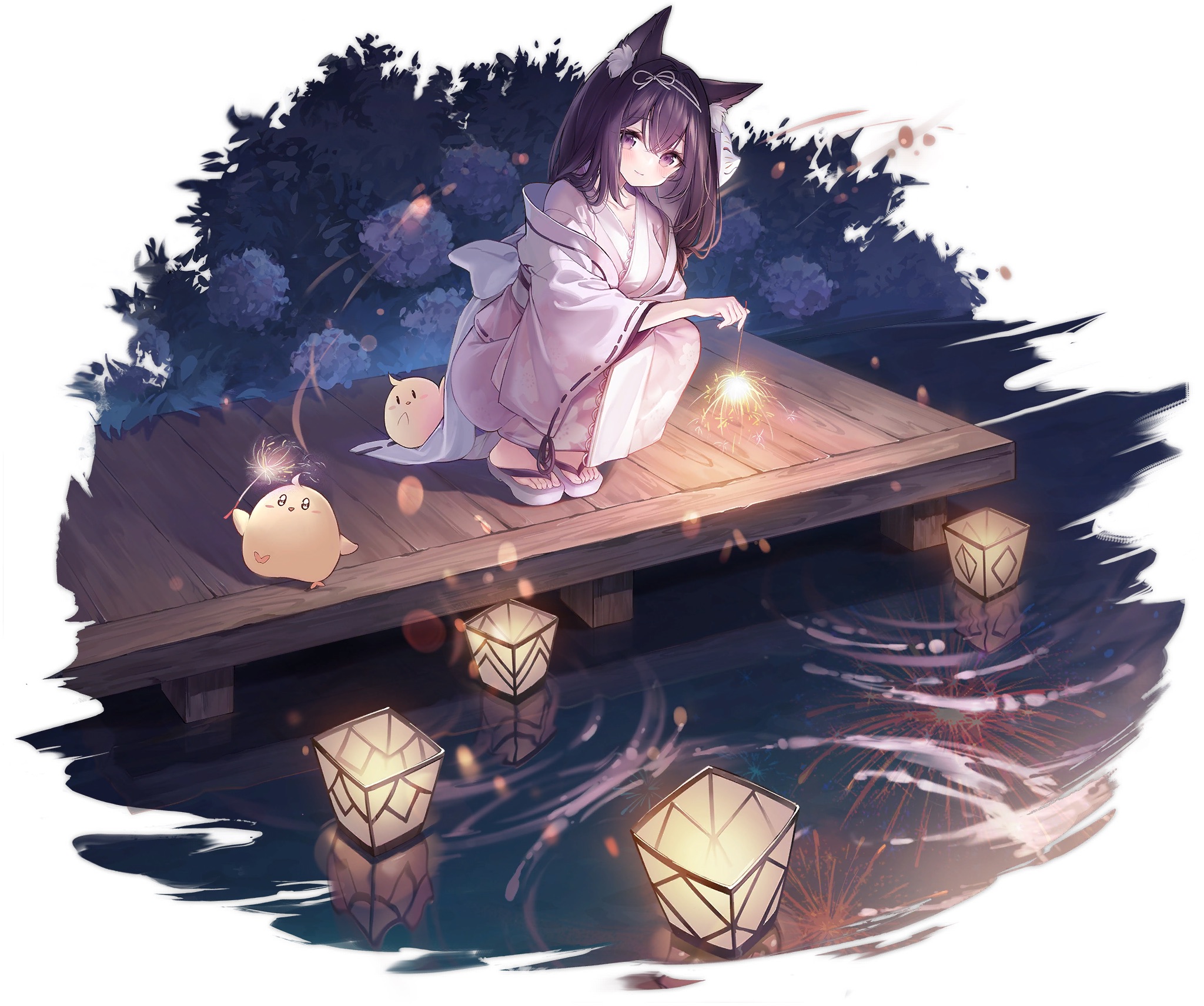 Arashio (Azur Lane) with sparklers and floating lanterns HD Wallpaper