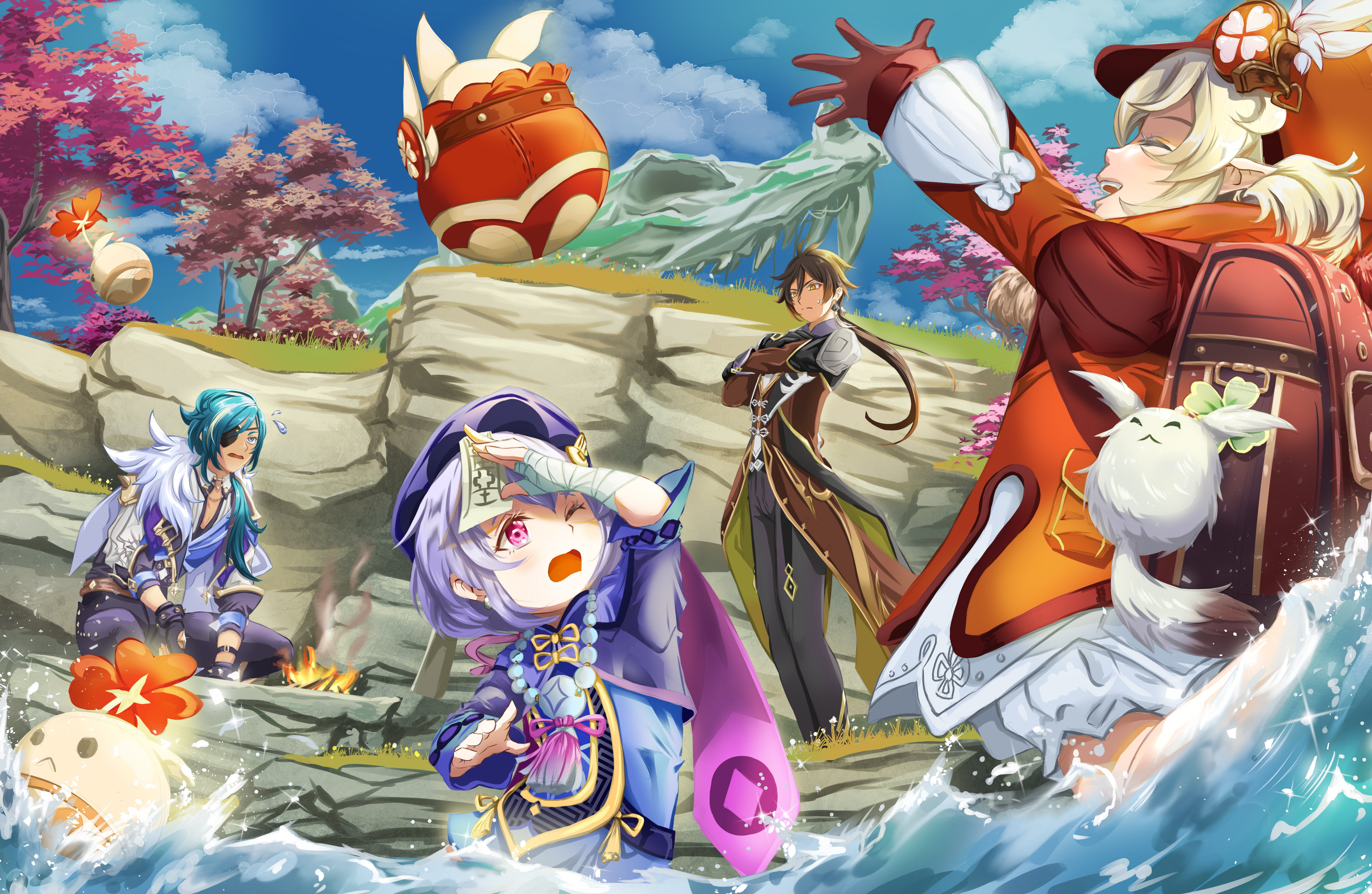 Zhongli, Kaeya (Genshin Impact) 4K, Kaeya (Genshin Impact), Zhongli (Genshin Impact), Klee (Genshin Impact), Qiqi (Genshin Impact) HD Wallpaper