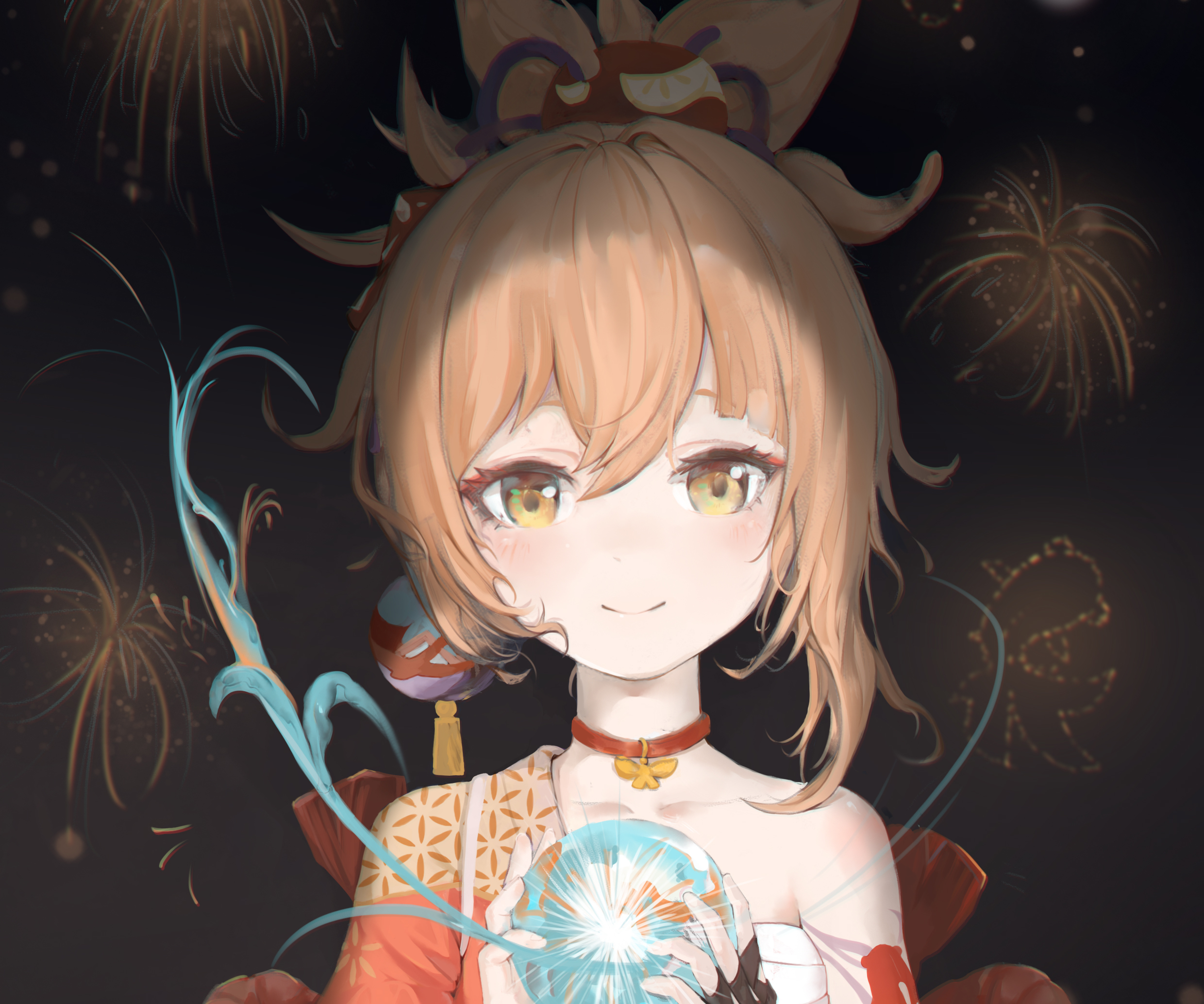 Yoimiya (Genshin Impact) smiling with fireworks and glowing orb HD Wallpaper