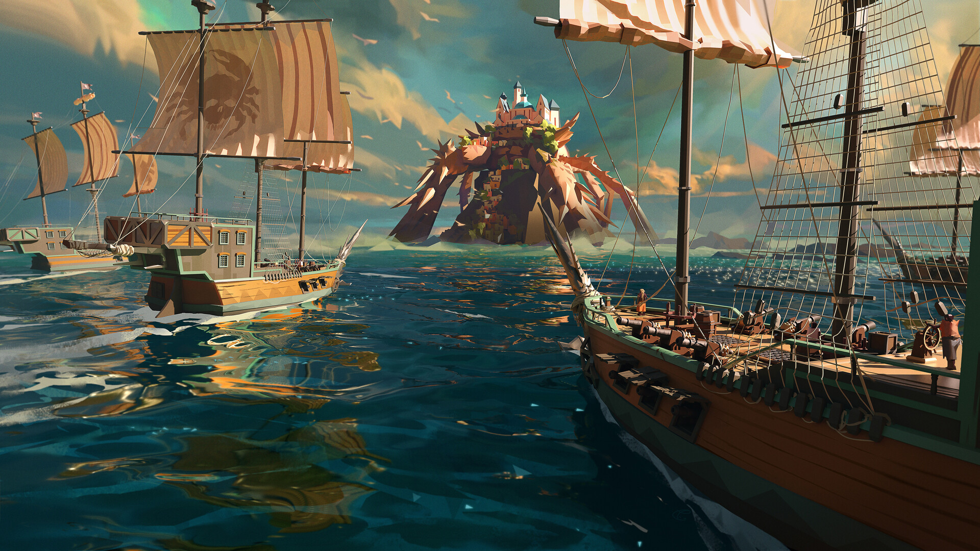 The Mighty Sea: Pirate ships approach crab island HD Wallpaper