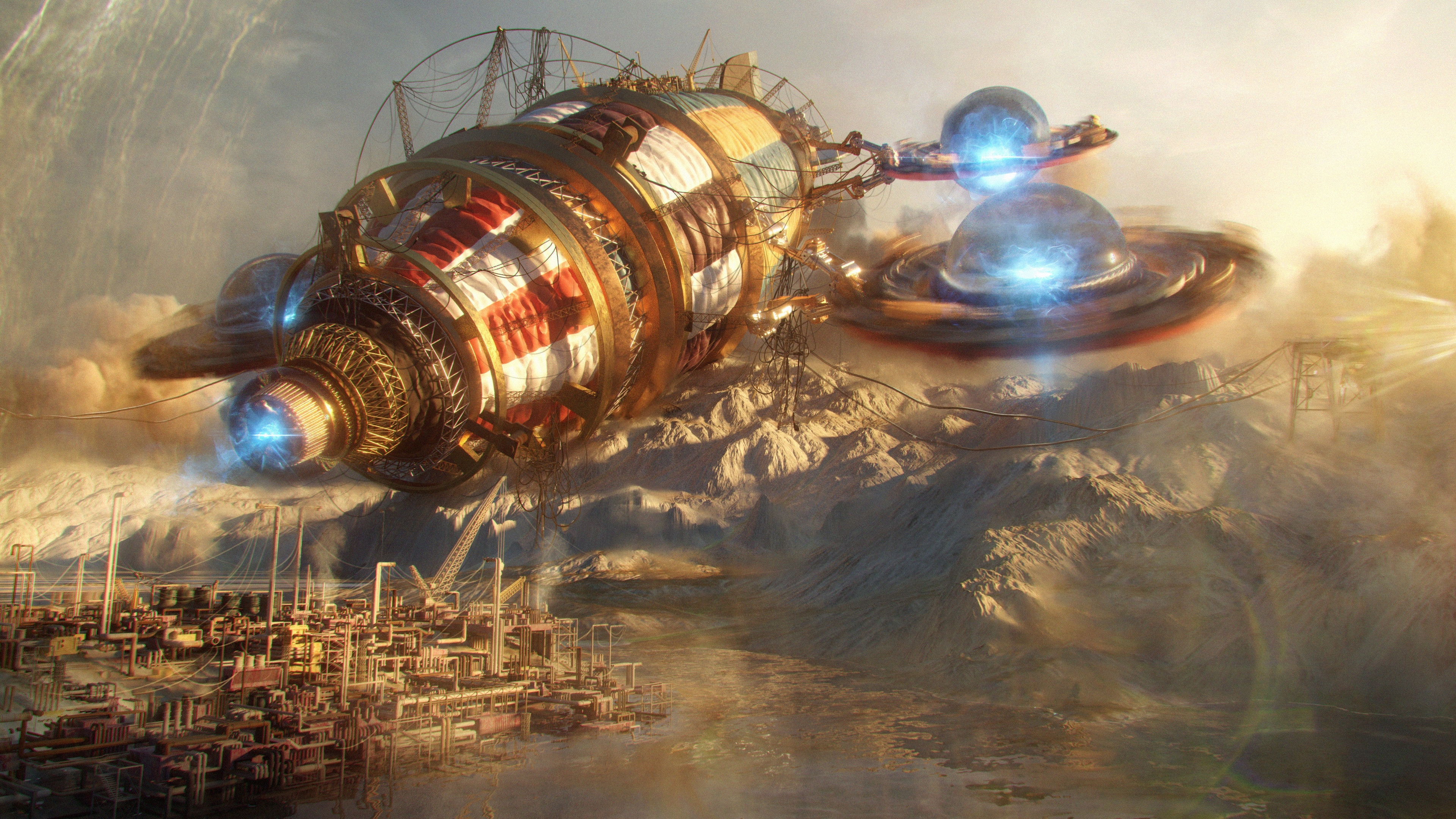 Ancient Steampunk Airship Over Future Industrial City HD Wallpaper