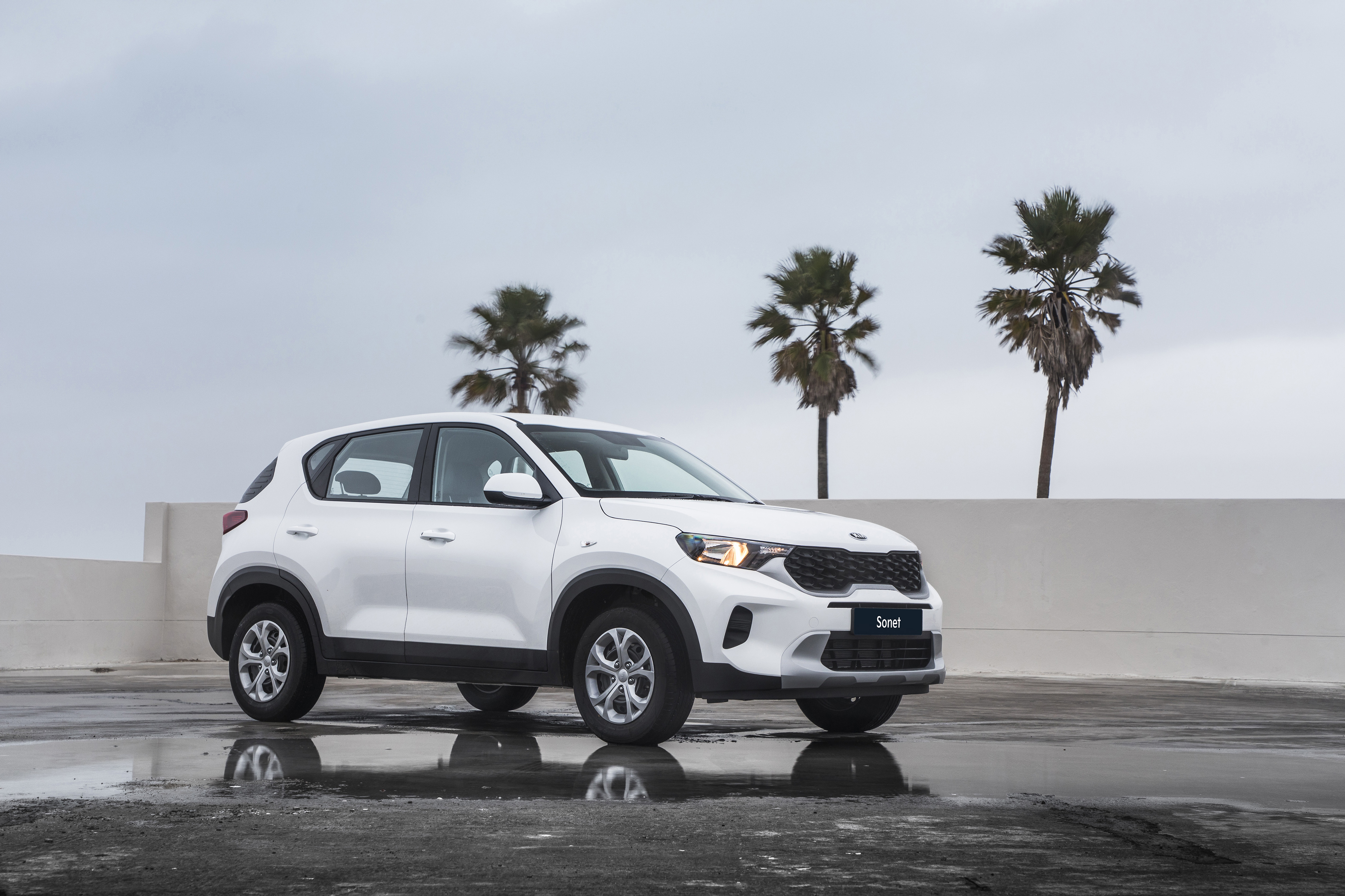 Kia Sonet LX SUV on wet ground with palm trees HD Wallpaper
