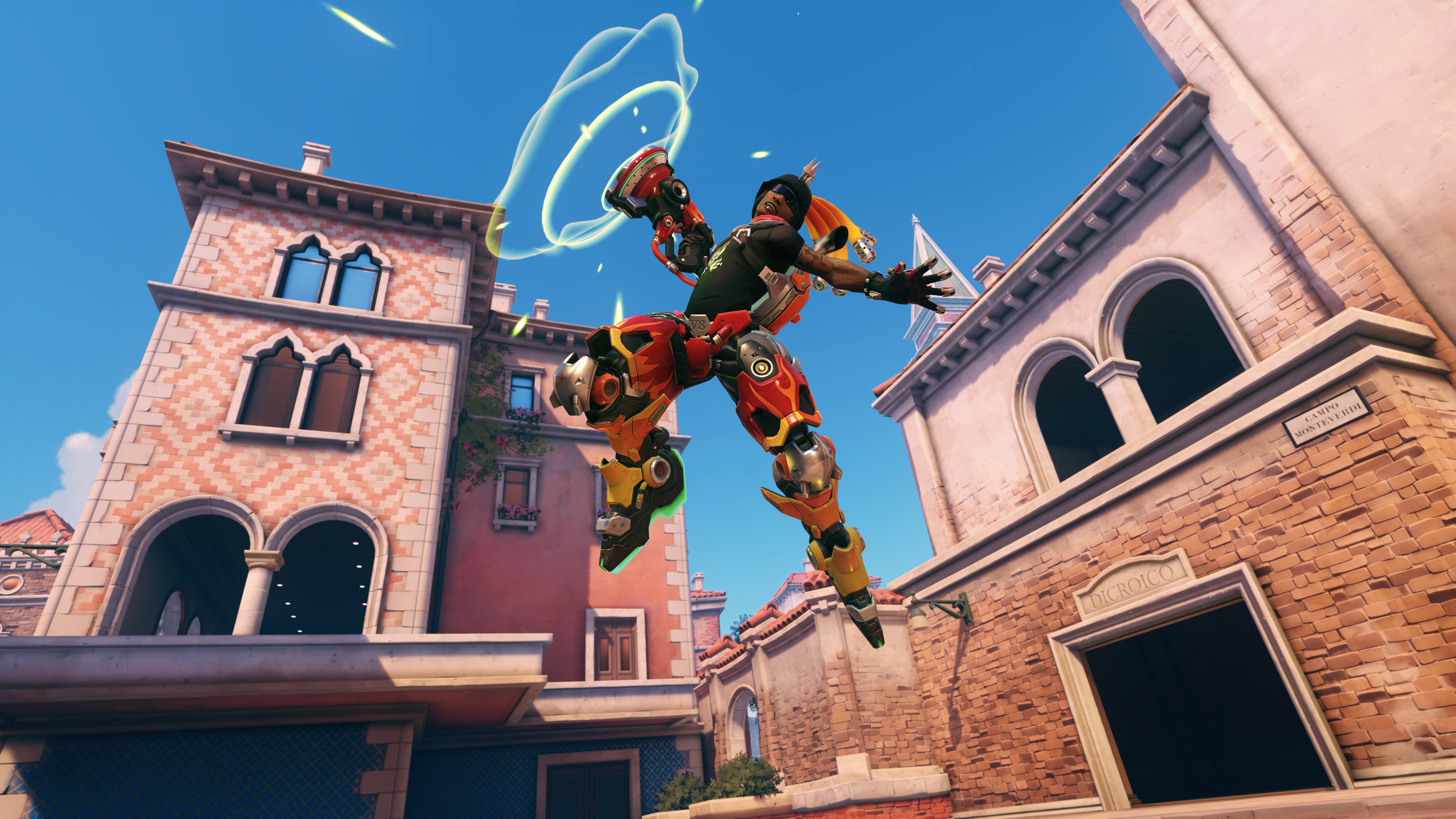 Lúcio caught mid-jump in Overwatch's Rialto map HD Wallpaper