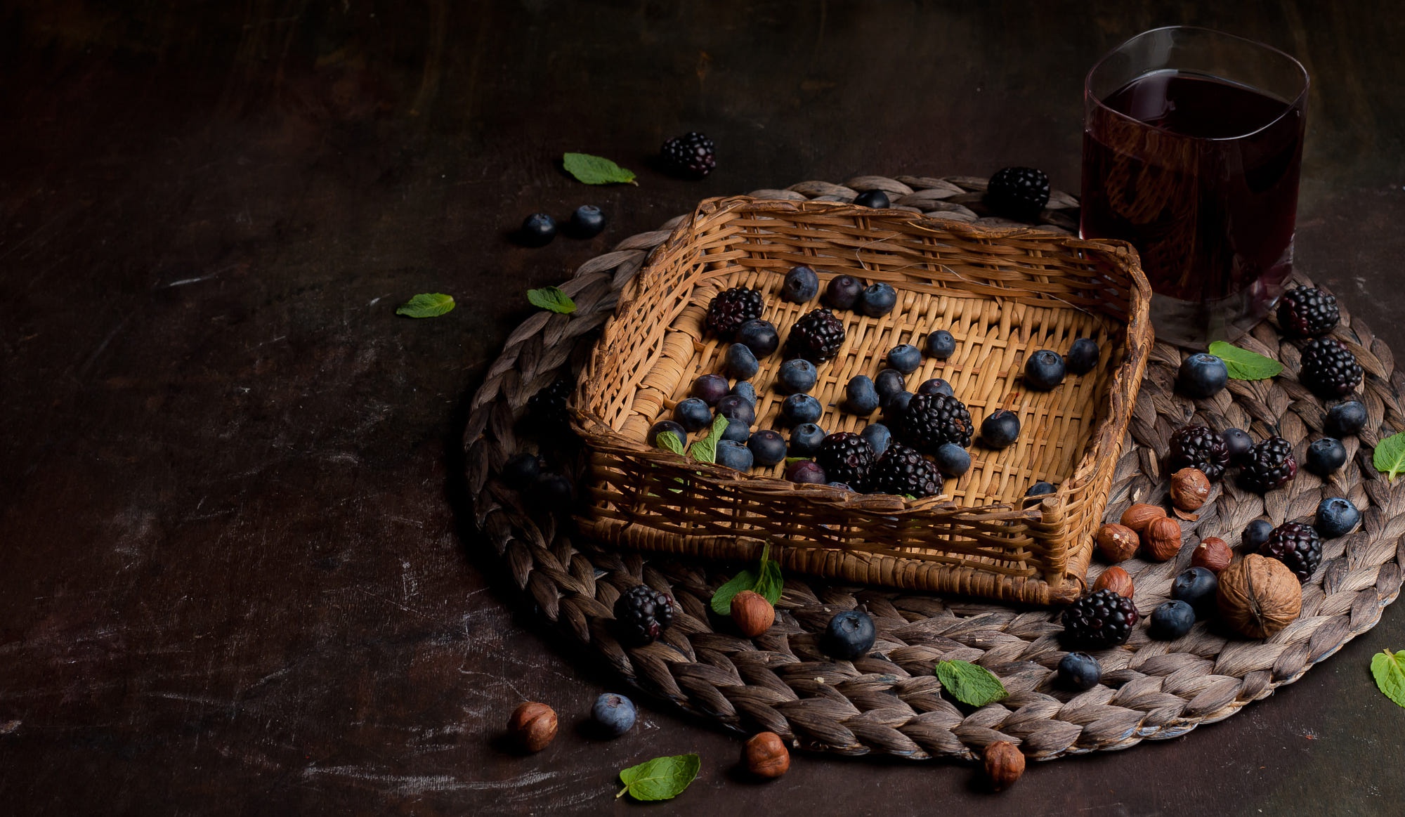 Rustic Still Life with Berries, Nuts, and Juice HD Wallpaper