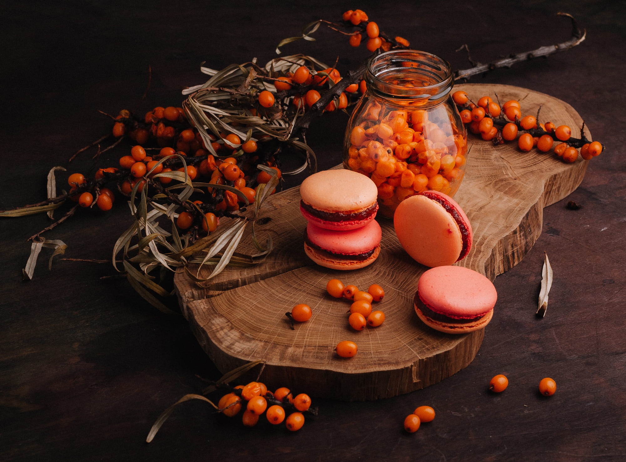 Macarons and Sea Buckthorn Berries Still Life HD Wallpaper