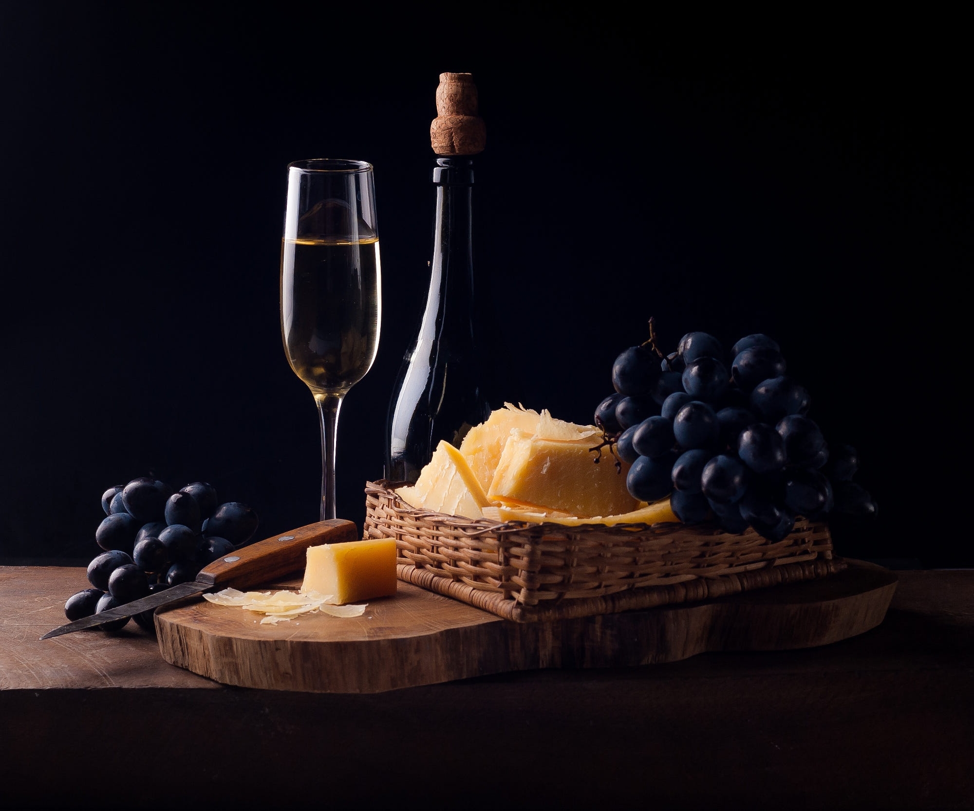 Champagne, Cheese, and Grapes Still Life HD Wallpaper