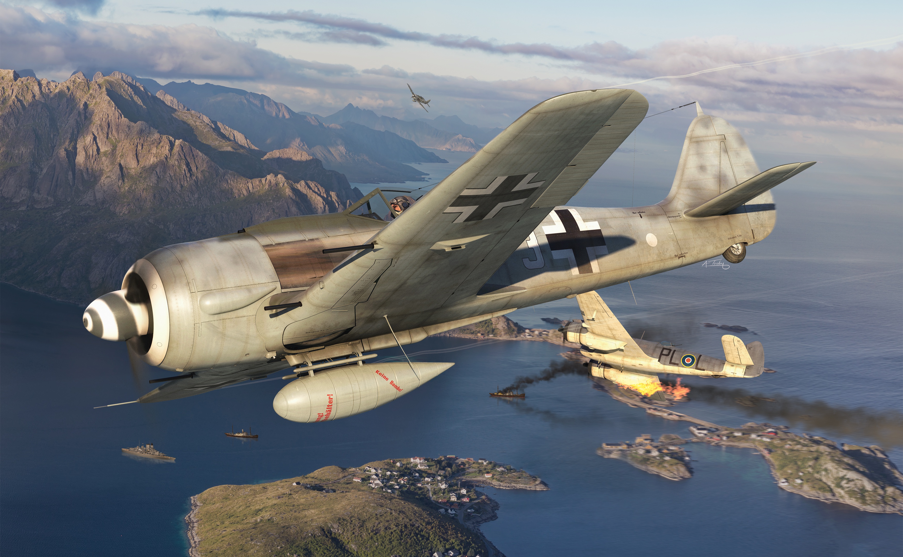 Focke-Wulf Fw 190 Luftwaffe Warplanes in Coastal Attack HD Wallpaper