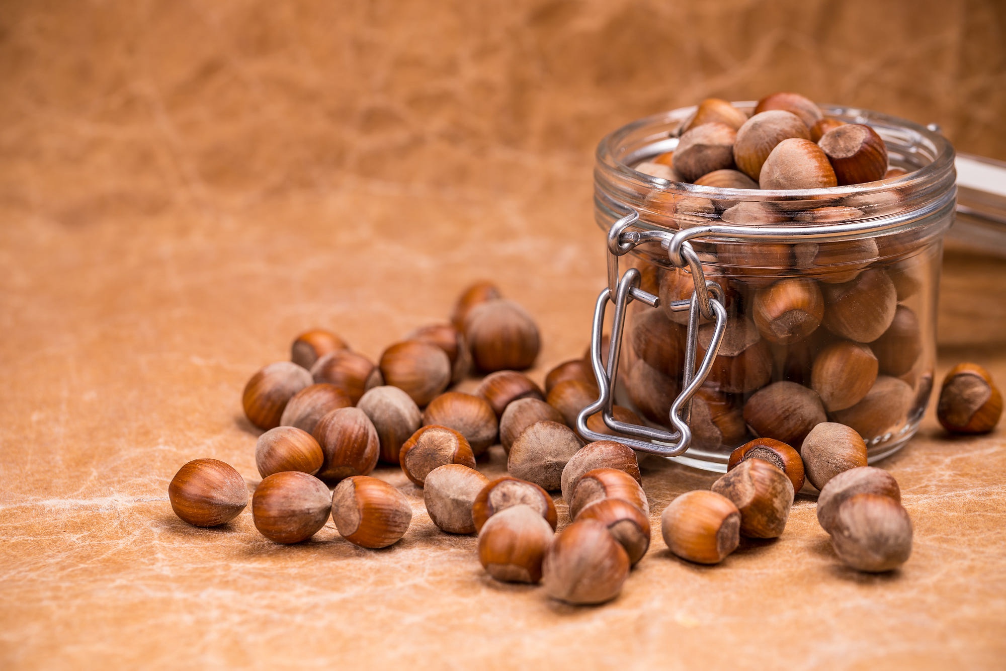 Hazelnuts in a glass jar with some spilled out HD Wallpaper