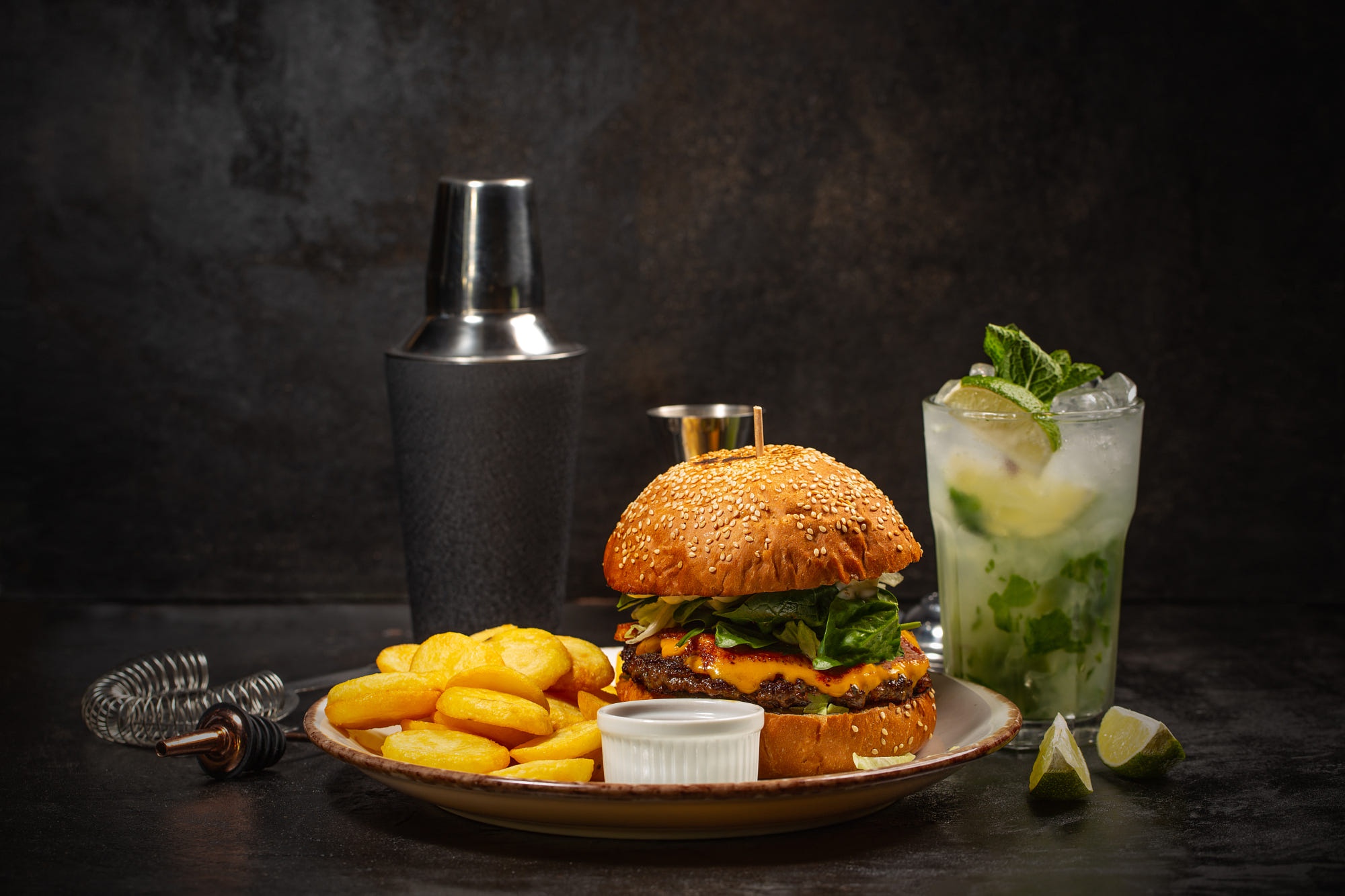 Gourmet Burger, Fries, and Refreshing Mojito HD Wallpaper