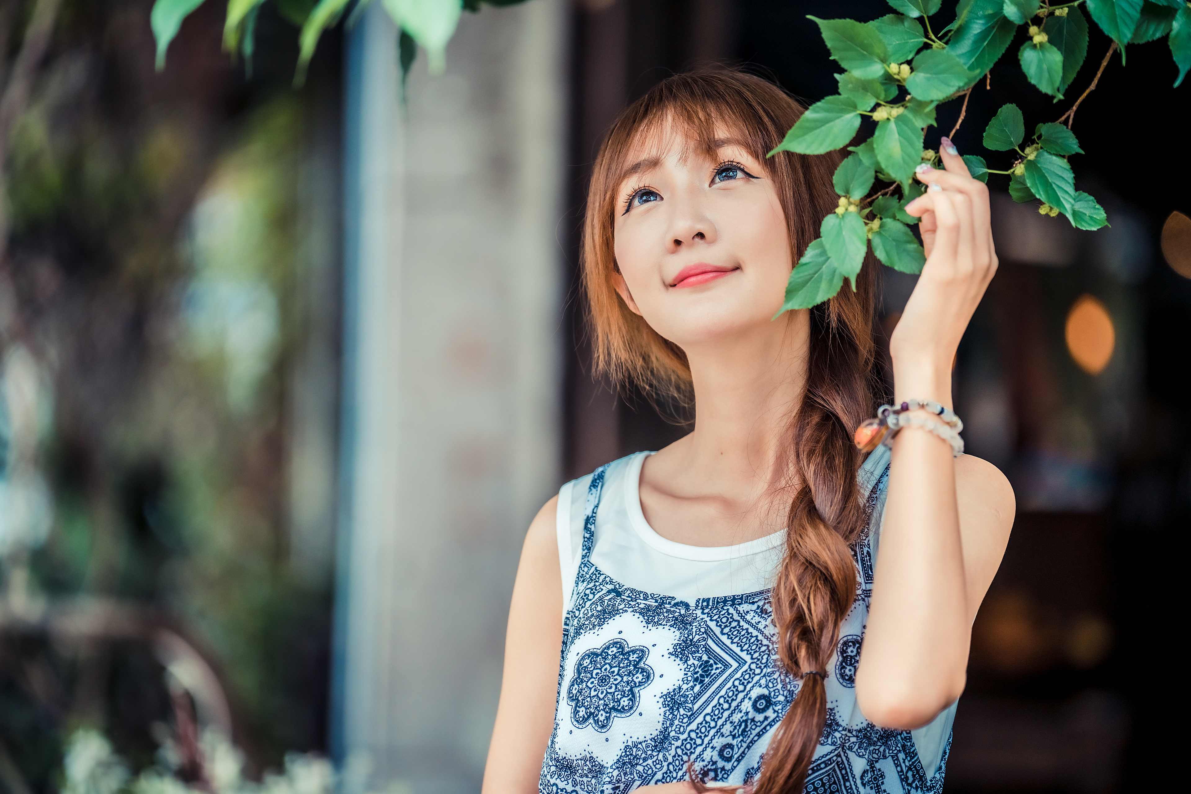 Brunette Asian Model Smiling Under Leaves HD Wallpaper