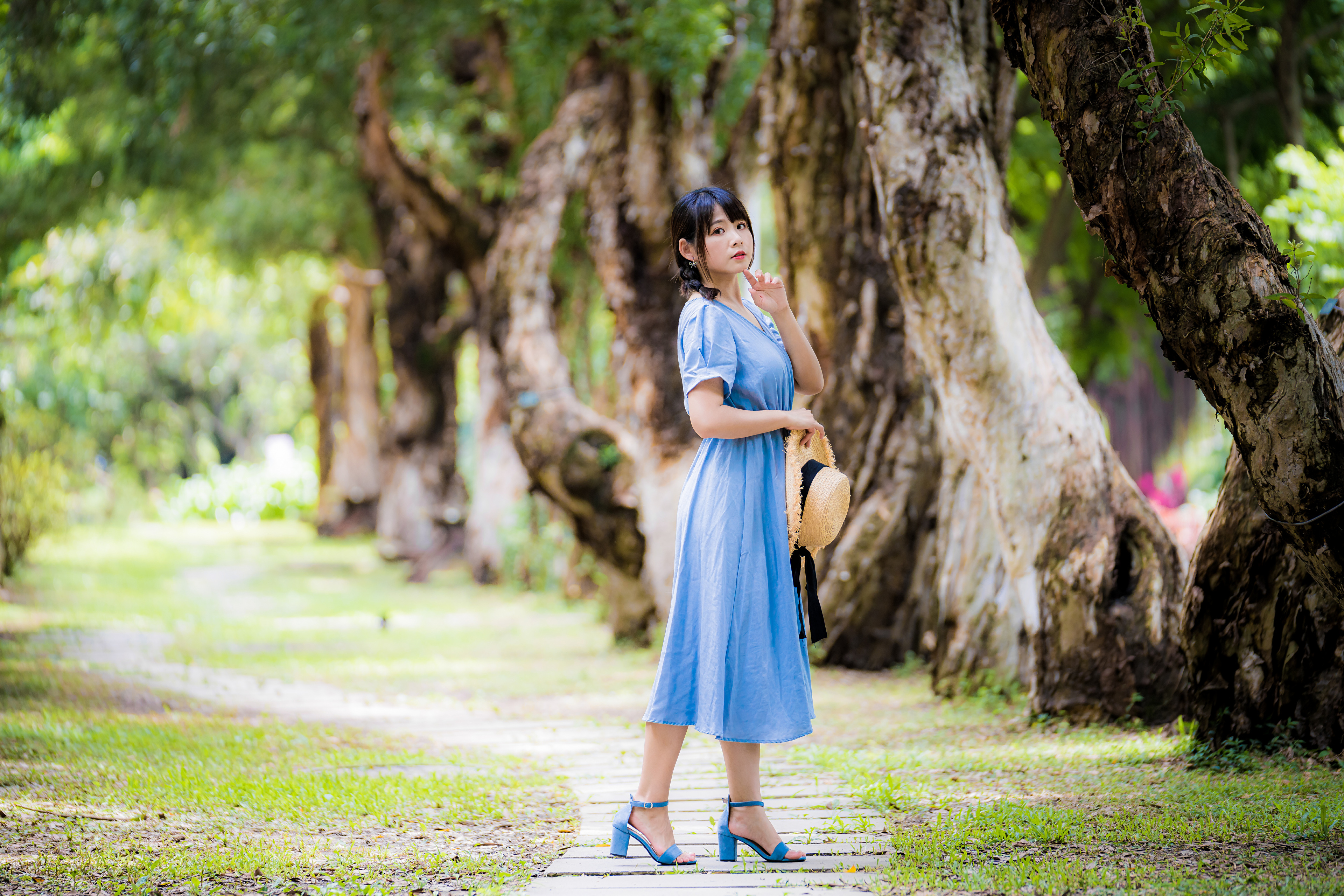 Asian Model in Blue Dress with Hat in Park HD Wallpaper