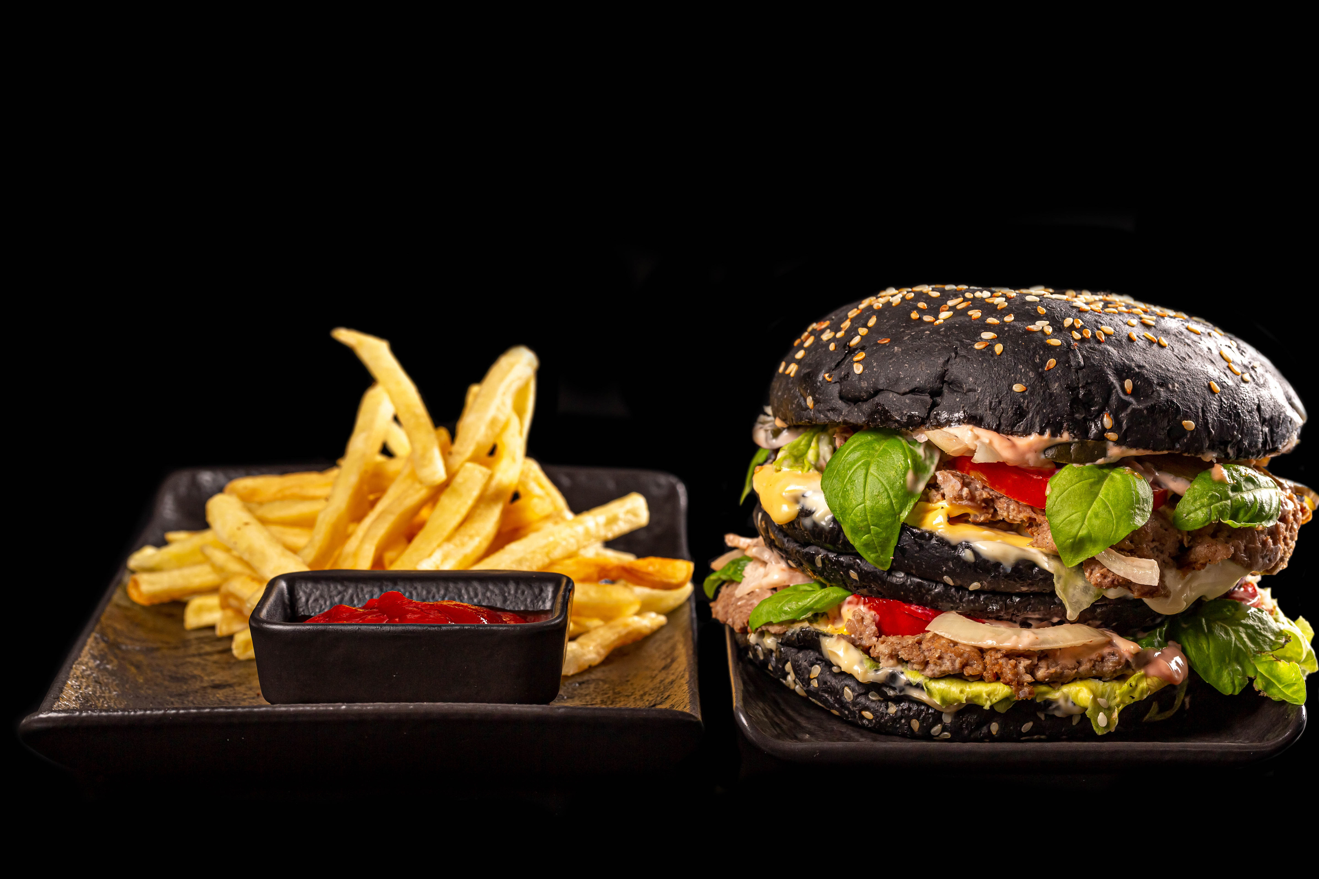 Black Bun Burger with French Fries 4K HD Wallpaper