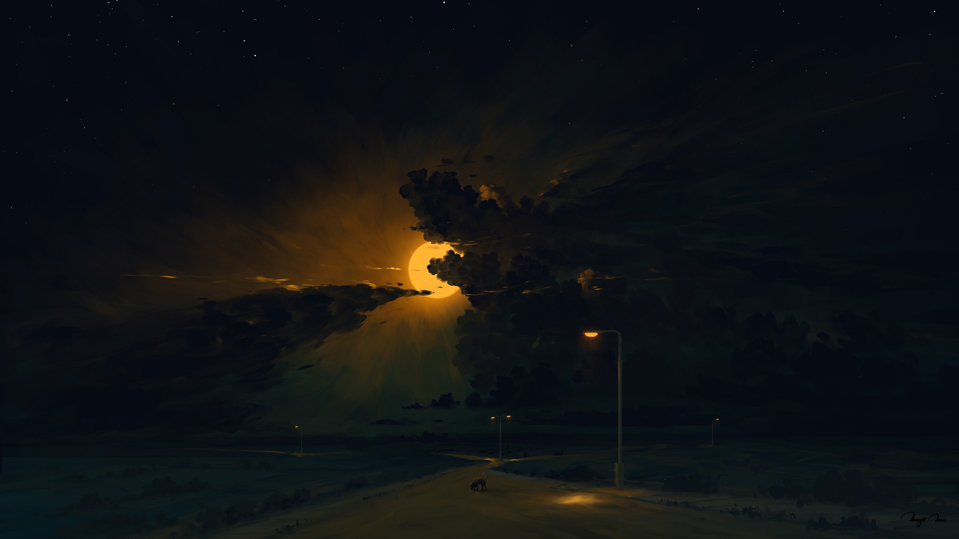 Dog on a Road under a Cloudy Midnight Moon HD Wallpaper