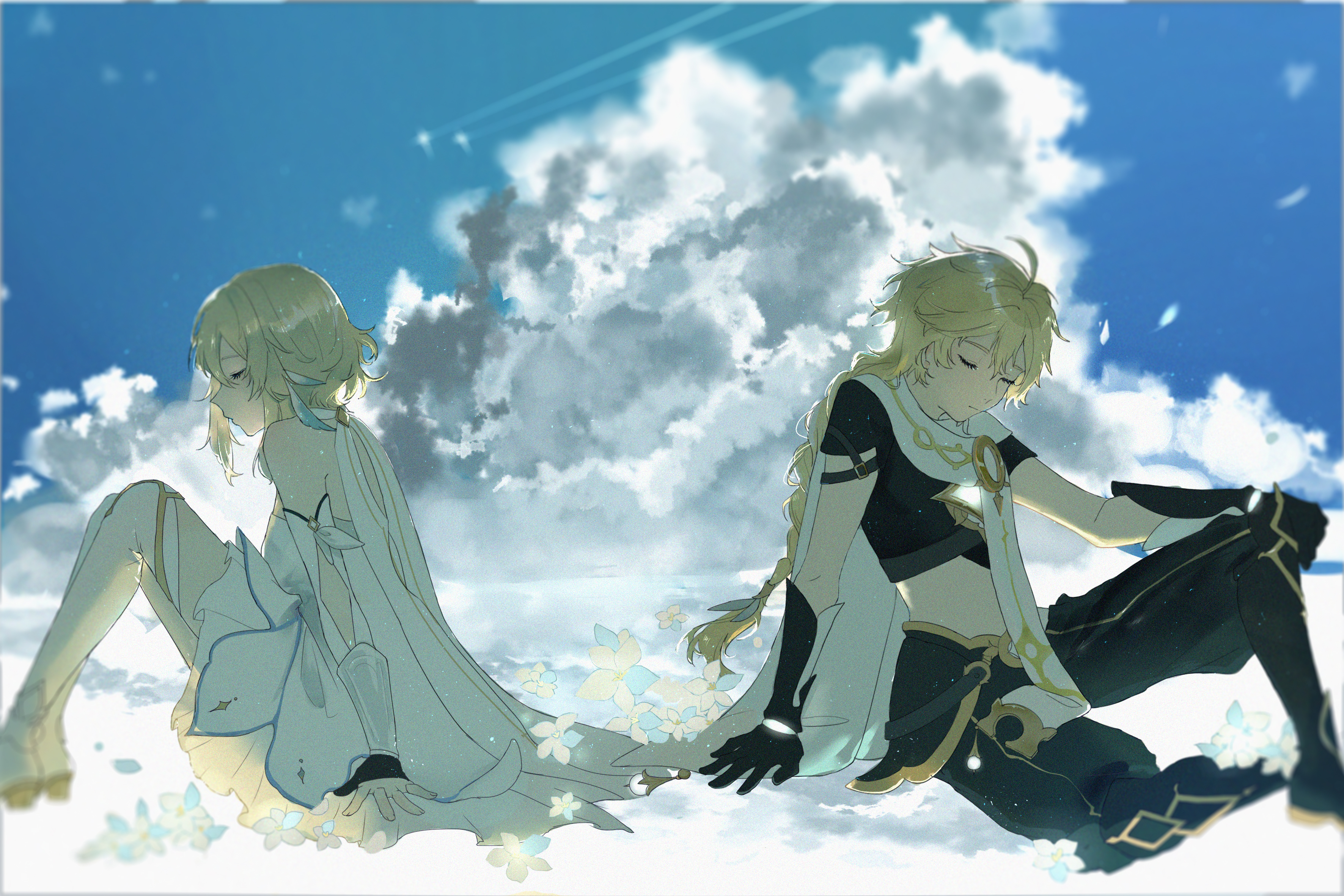 Aether and Lumine Genshin Impact sitting among clouds HD Wallpaper